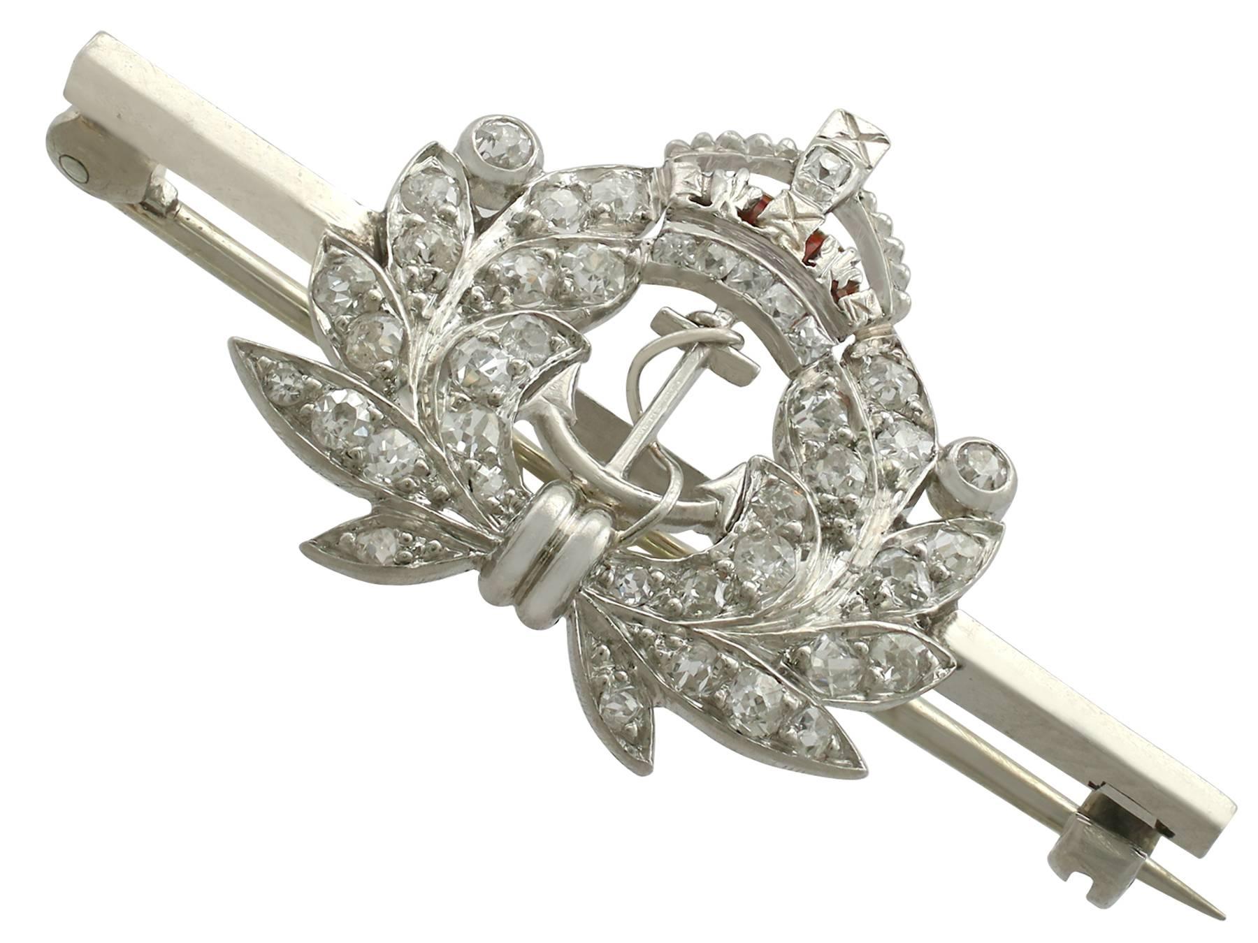 An impressive 0.33 carat diamond and 18 karat white gold regimental 'Royal Navy' brooch; part of our diverse antique jewelry and estate jewelry collections

This fine and impressive Royal Navy brooch has been crafted in 18 k white gold.

The bar is