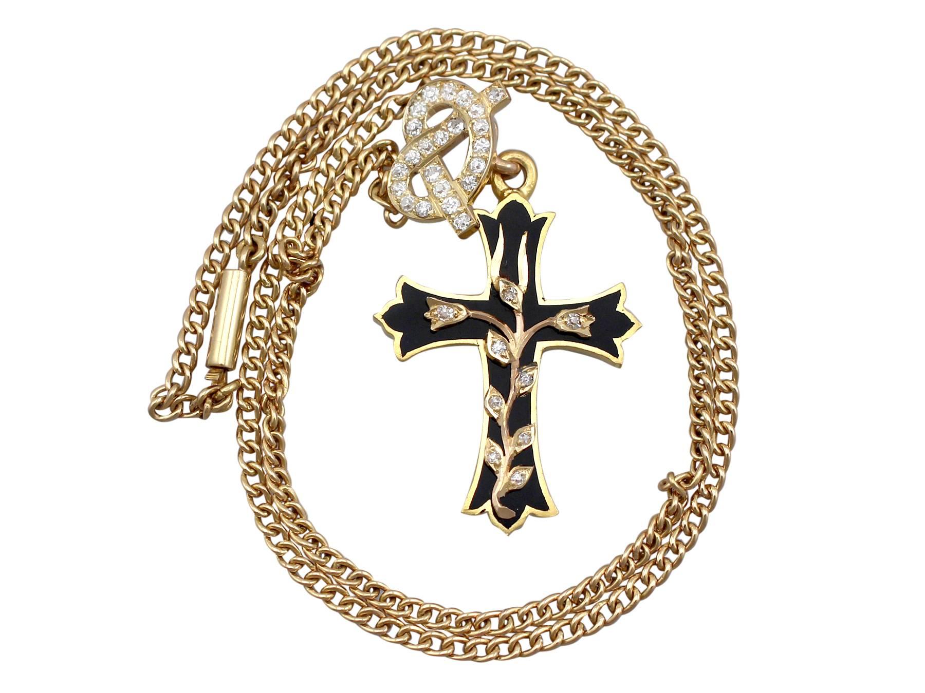 An exceptional Victorian 0.57 carat diamond and black onyx, 21 karat yellow gold cross pendant on 18 karat yellow gold chain; part of our diverse antique jewelry collections

The 21k yellow gold frame is fitted with an inset cross shaped black onyx