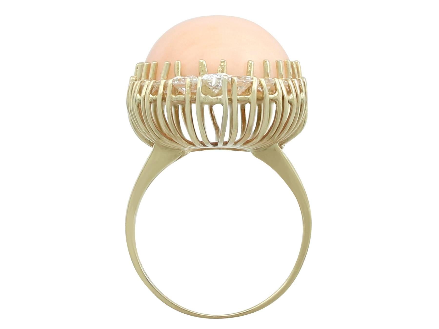 Retro 1970s 24.31 Carat Angel Coral and 1.82 Carat Diamond Yellow Gold Cocktail Ring