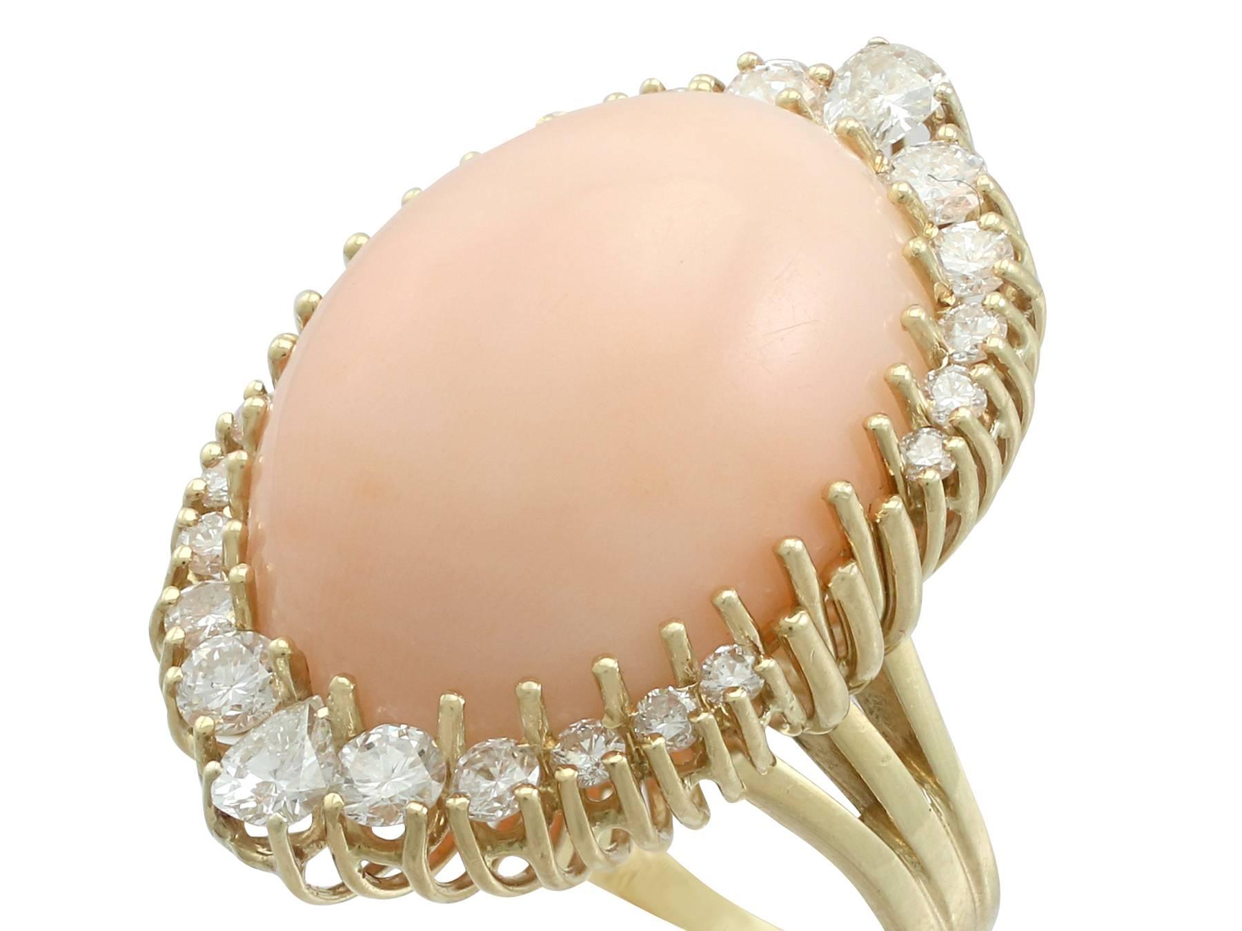 Women's 1970s 24.31 Carat Angel Coral and 1.82 Carat Diamond Yellow Gold Cocktail Ring