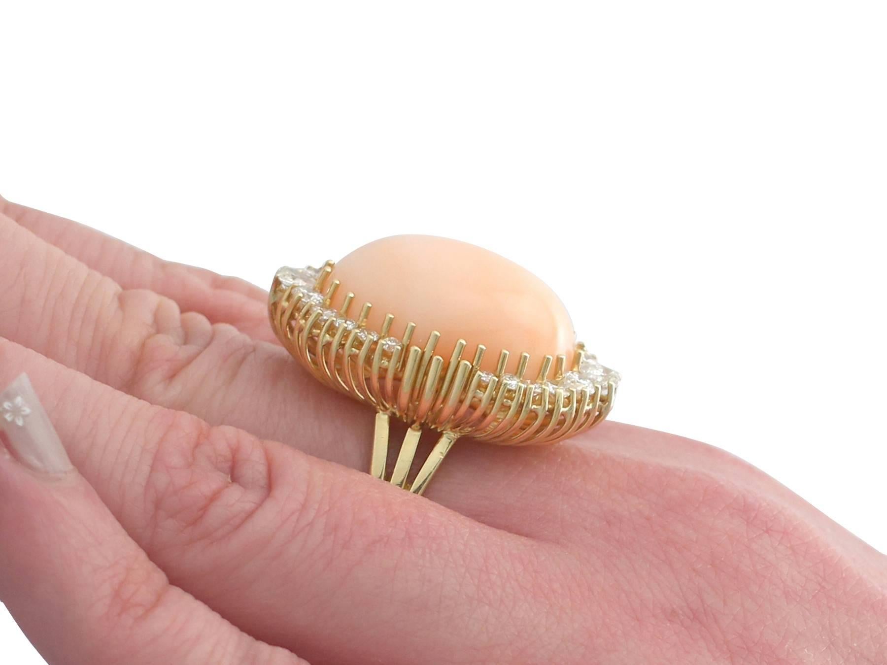 1970s 24.31 Carat Angel Coral and 1.82 Carat Diamond Yellow Gold Cocktail Ring 2