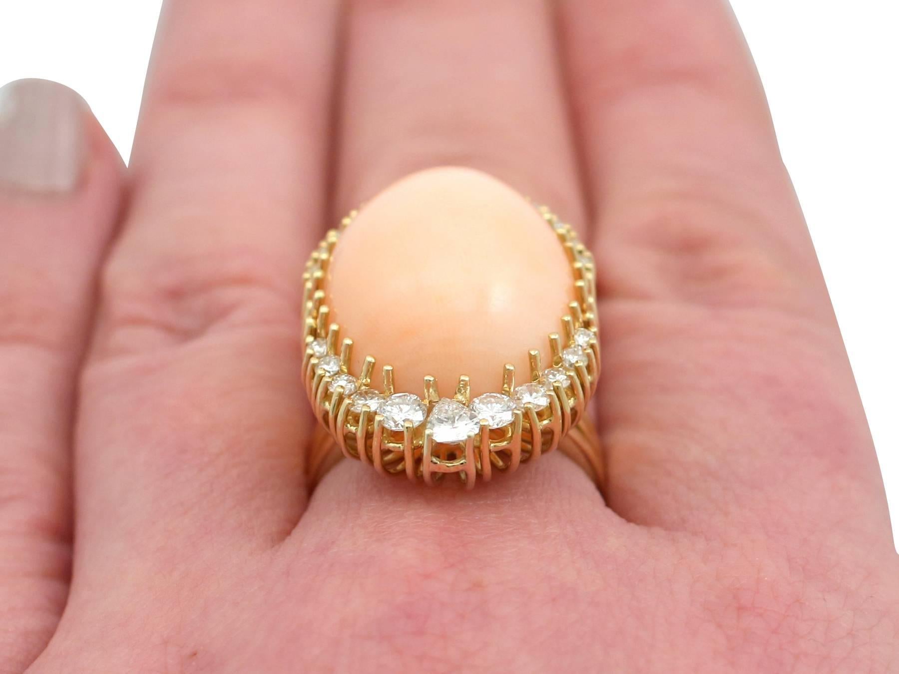 1970s 24.31 Carat Angel Coral and 1.82 Carat Diamond Yellow Gold Cocktail Ring 4