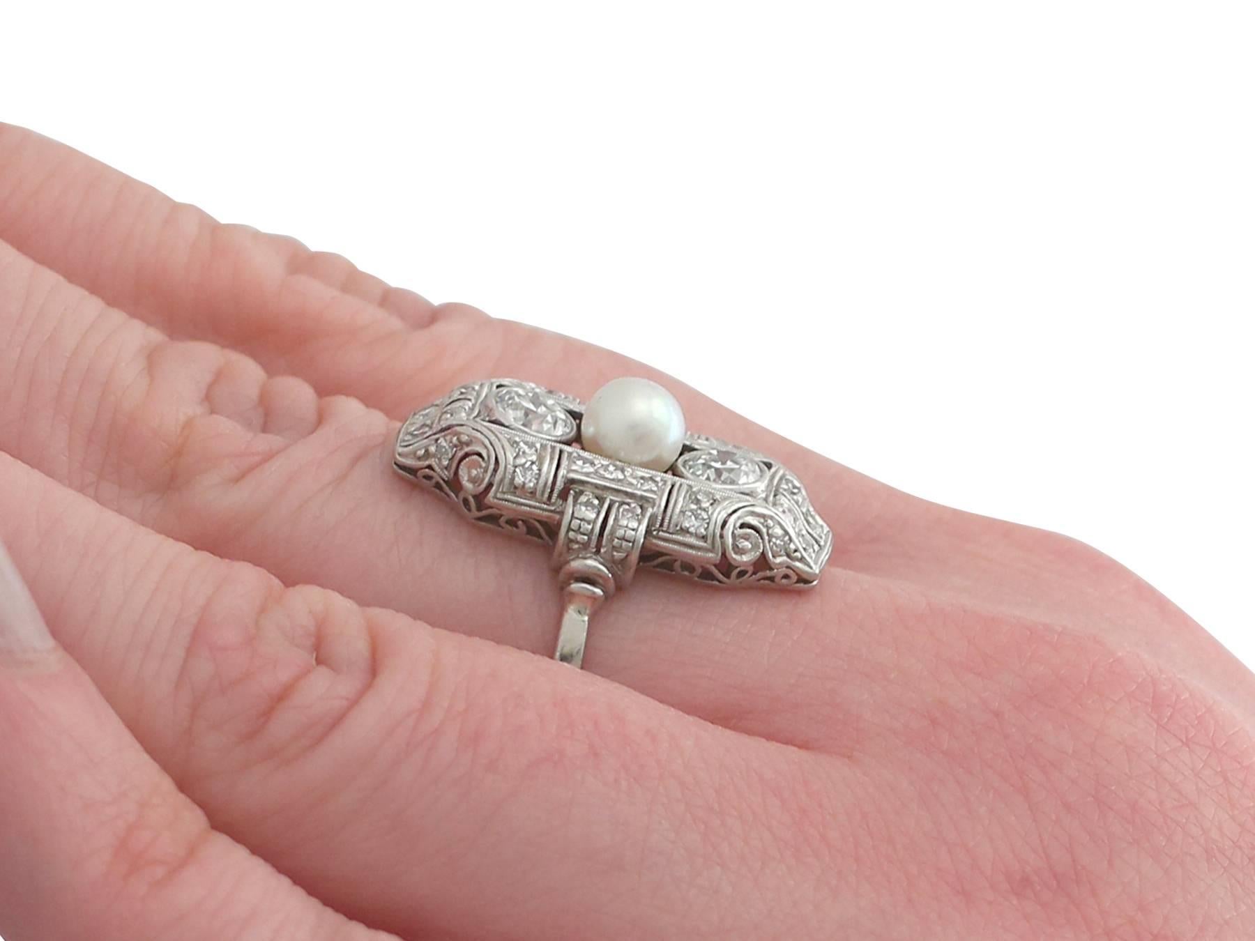 1940s 1.12 Carat Diamond and Pearl Platinum Art Deco Ring 2