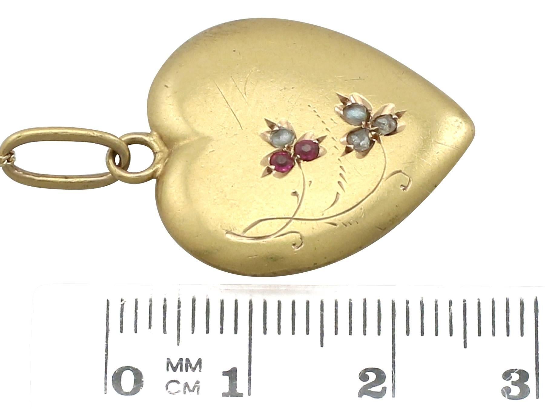 Women's 1900s Diamond and Ruby, Seed Pearl Yellow Gold Heart Pendant