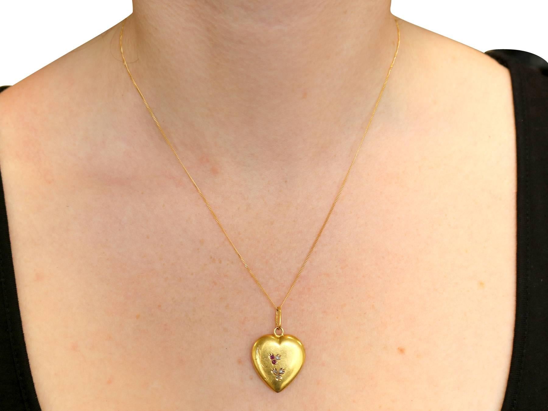 1900s Diamond and Ruby, Seed Pearl Yellow Gold Heart Pendant 2