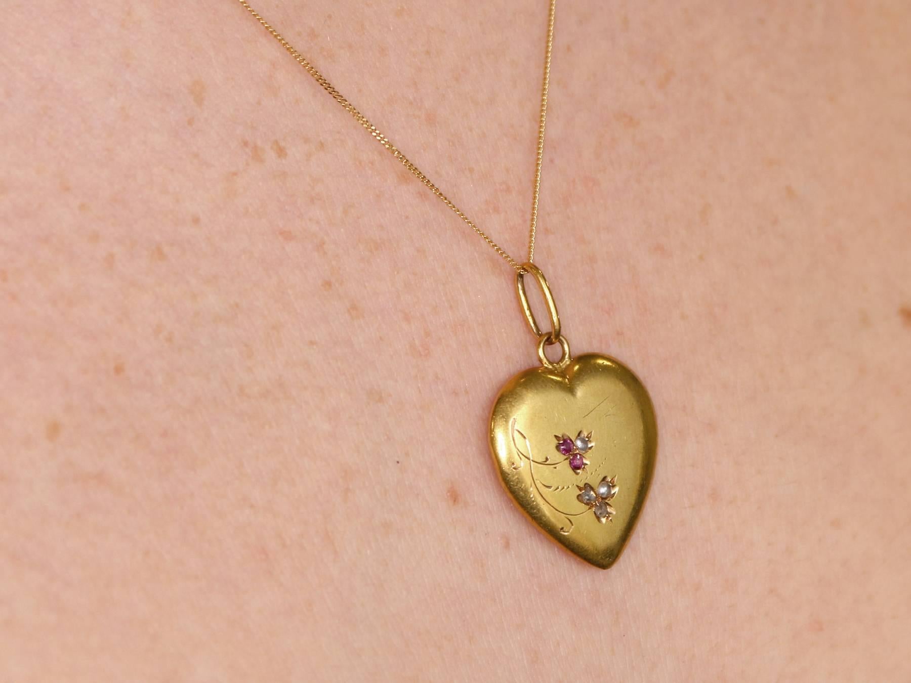 1900s Diamond and Ruby, Seed Pearl Yellow Gold Heart Pendant 3