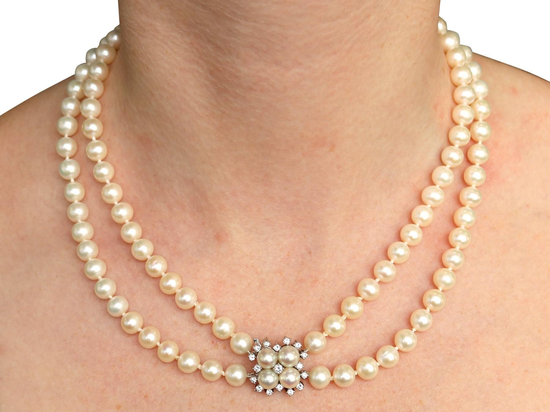 1970s Double Strand Pearl Necklace with Diamond Set Clasp 2