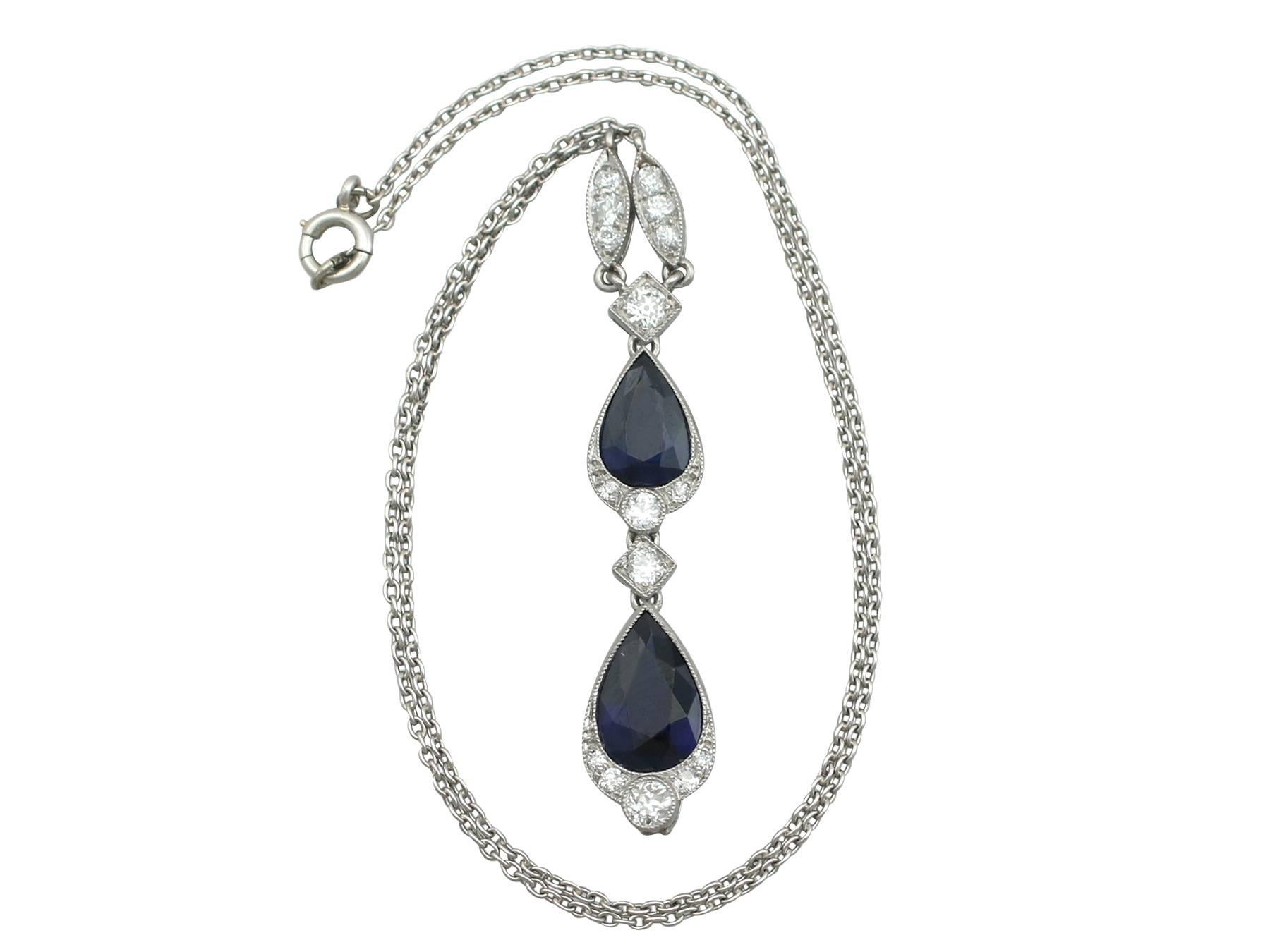 A stunning antique 4.85 Carat sapphire and 0.66 Carat diamond, platinum teardrop necklace; part of our diverse antique jewelry and estate jewelry collections.

This stunning, fine and impressive sapphire tear drop necklace has been crafted in