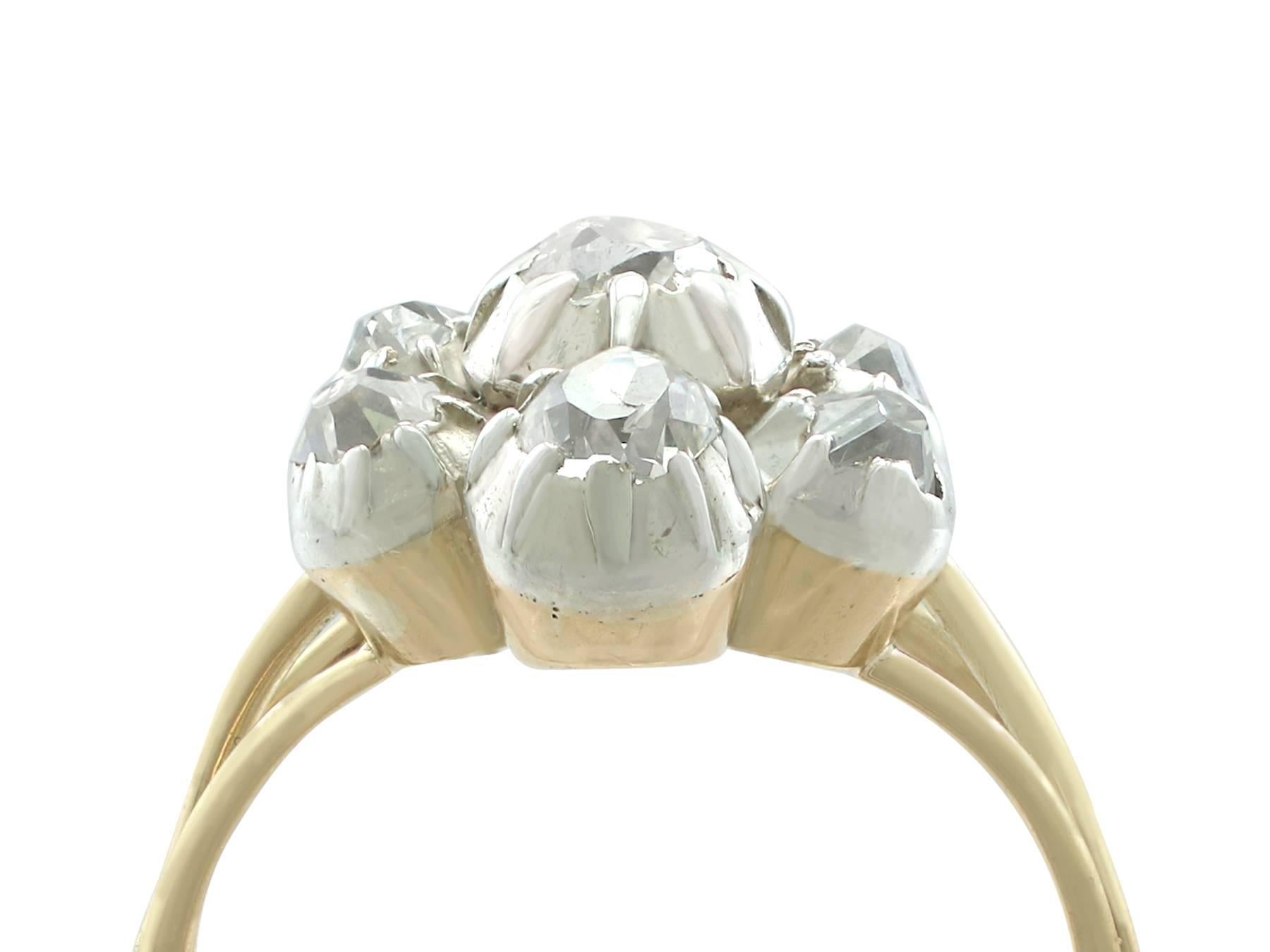 An impressive Georgian 1.28 carat diamond and 18 carat yellow gold, silver set cluster style ring; part of 's diverse antique jewellery and estate jewelry collections.

This fine and impressive antique diamond cluster ring has been crafted in 18 ct