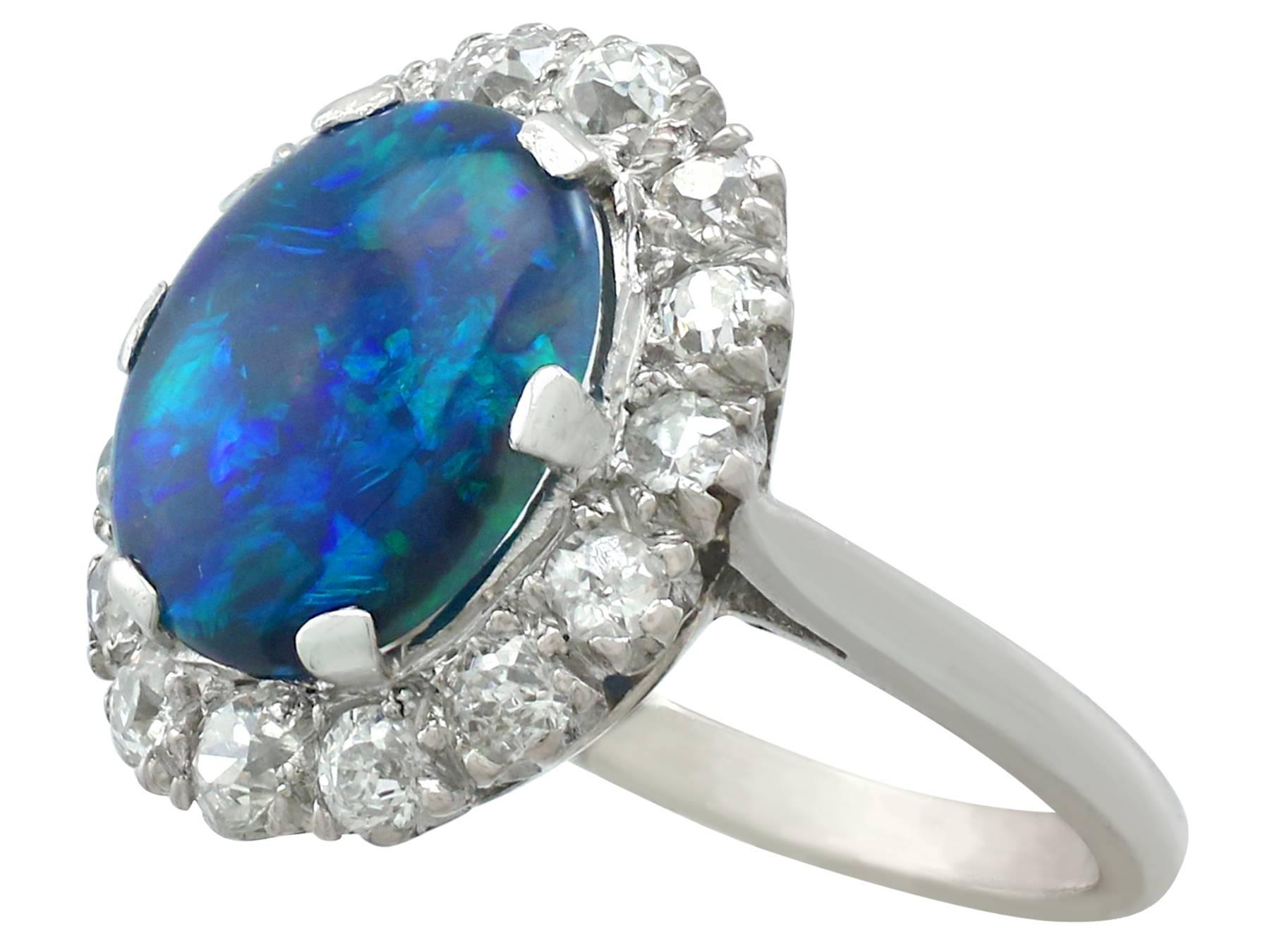 Old European Cut 1930s Black Opal and Diamond Platinum Cluster Ring