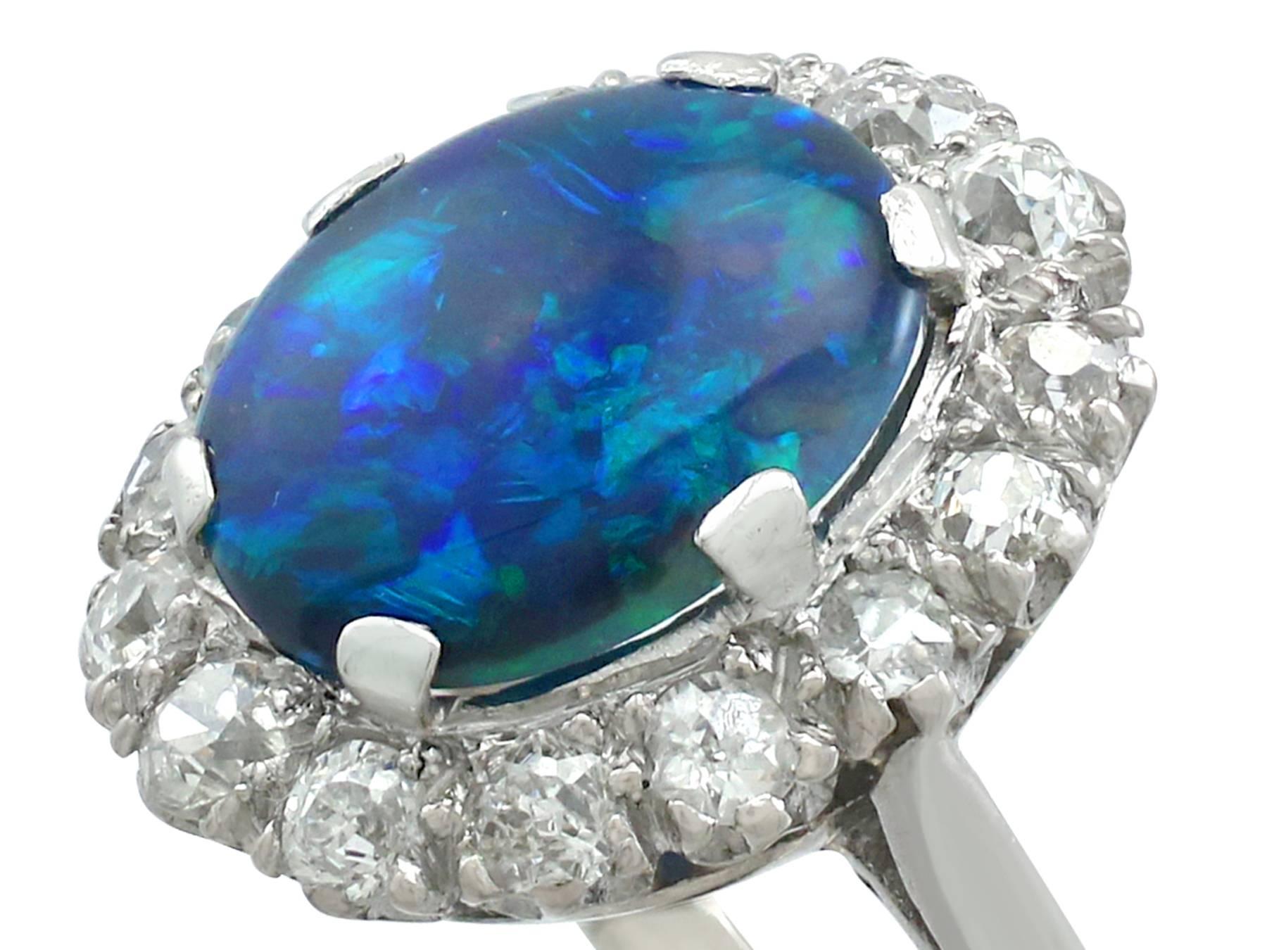 1930s Black Opal and Diamond Platinum Cluster Ring In Excellent Condition In Jesmond, Newcastle Upon Tyne