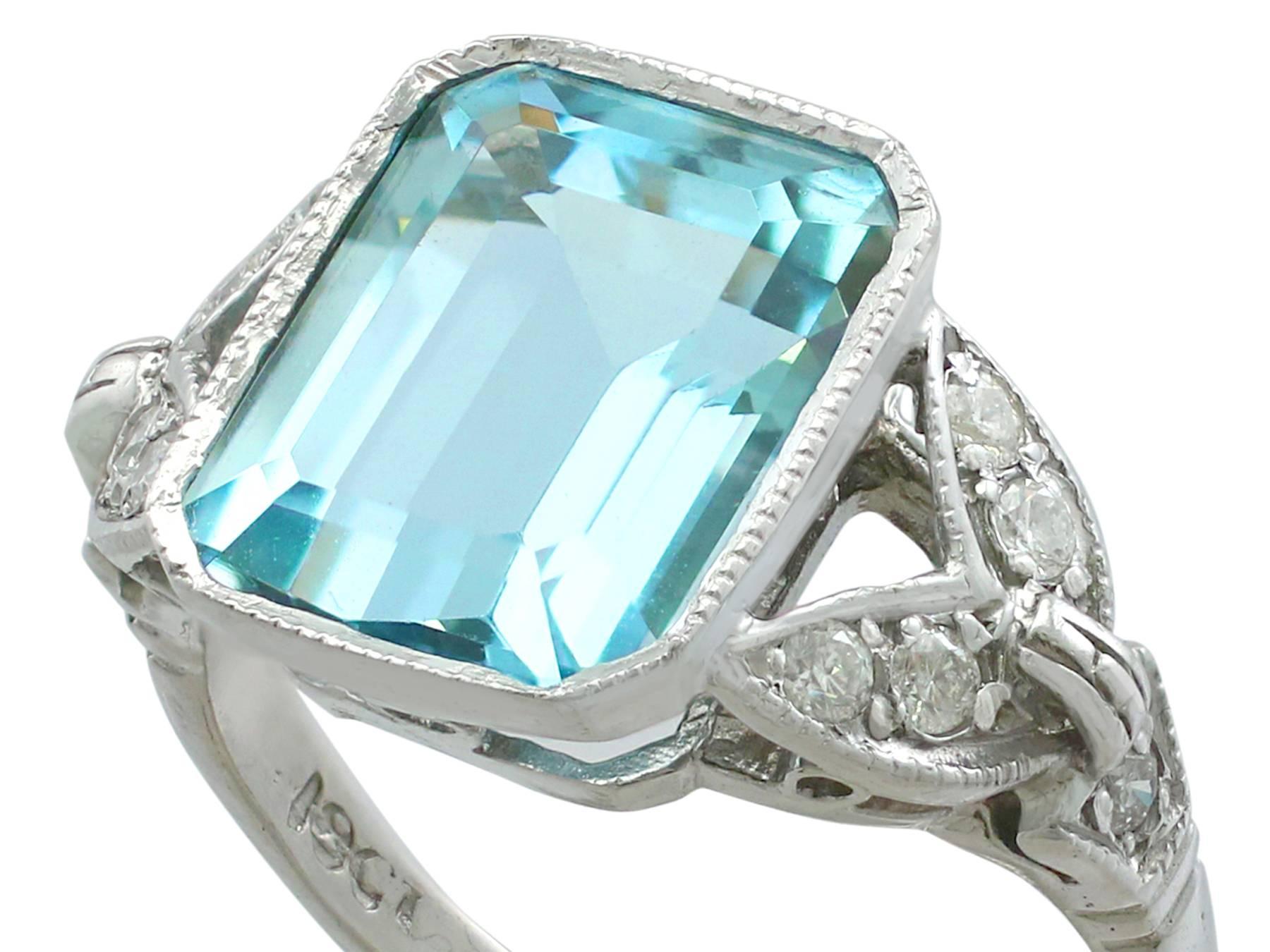 Emerald Cut 1930s Antique 3.18 Carat Aquamarine and Diamond White Gold Dress Ring