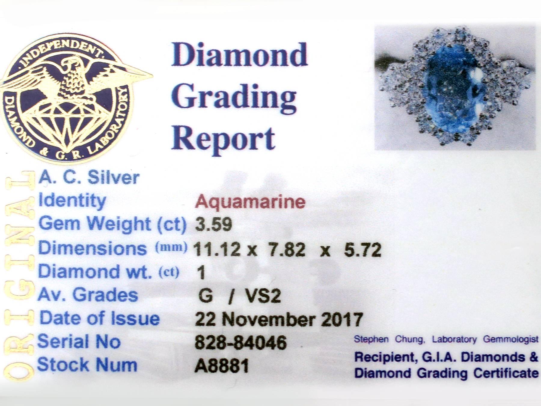 1990s 3.59 Carat Aquamarine and Diamond White Gold Cluster Ring 1