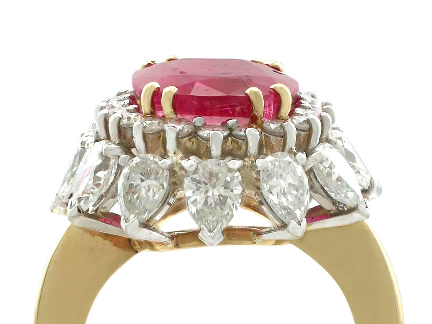 A stunning vintage 4.80 Ct natural Burmese ruby and 2.80 Ct diamond cocktail ring in 18k yellow gold; part of our vintage jewellery and estate jewelry collections.

This stunning, fine and impressive natural Burmese ruby and diamond ring has been