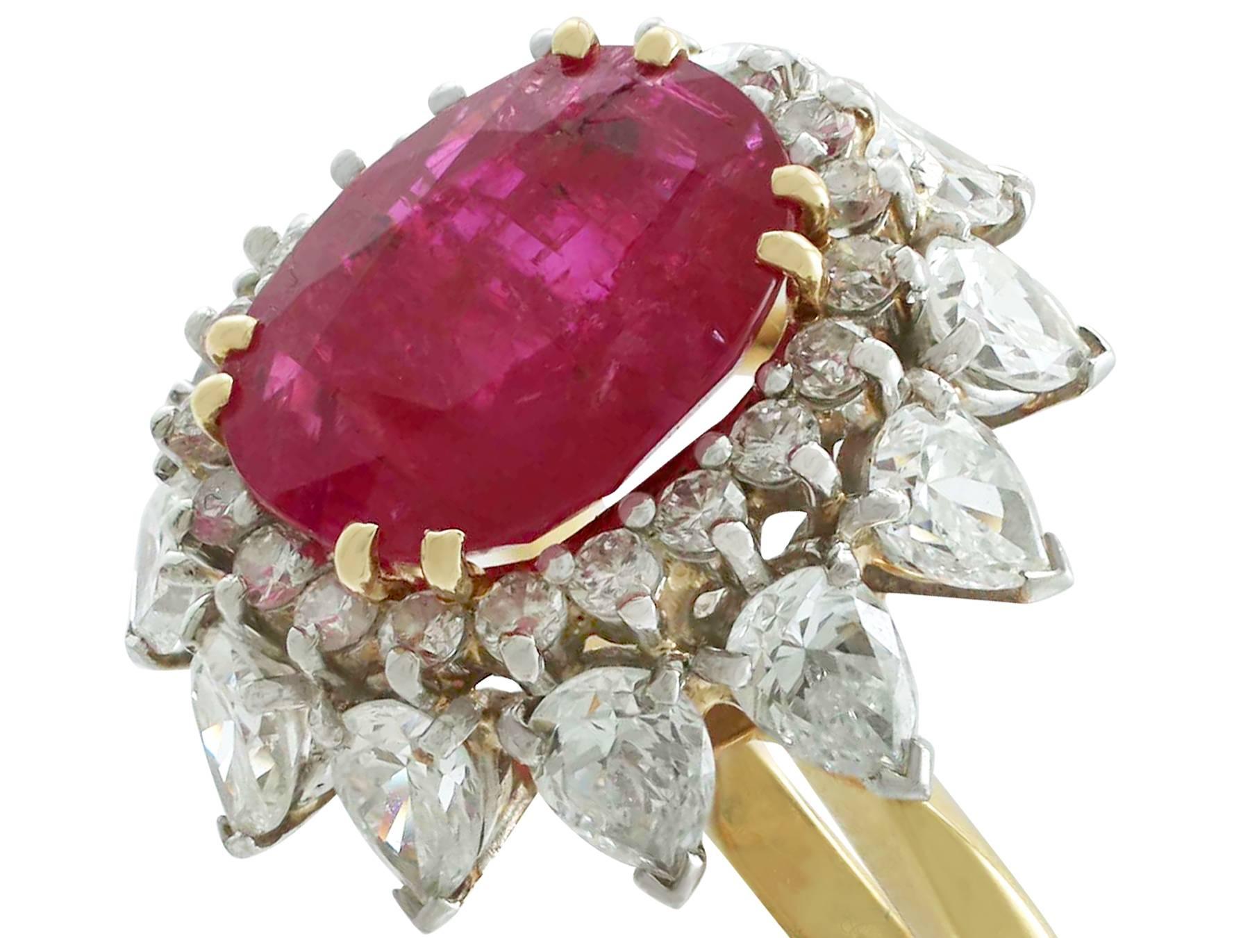 Oval Cut 1980s 4.80 Carat Burmese Ruby and 2.80 Carat Diamond 18 Karat Gold Ring