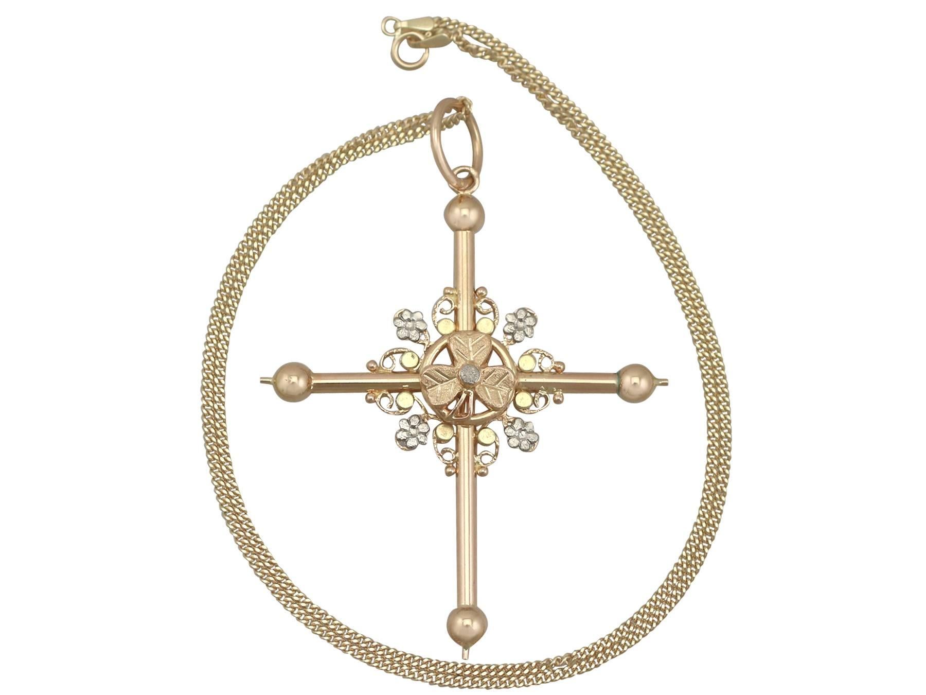 An impressive antique French 18k rose, white and yellow gold cross pendant; part of our diverse antique jewellery and estate jewelry collections.

This fine and impressive antique French cross pendant has been crafted in 18k rose gold with 18k