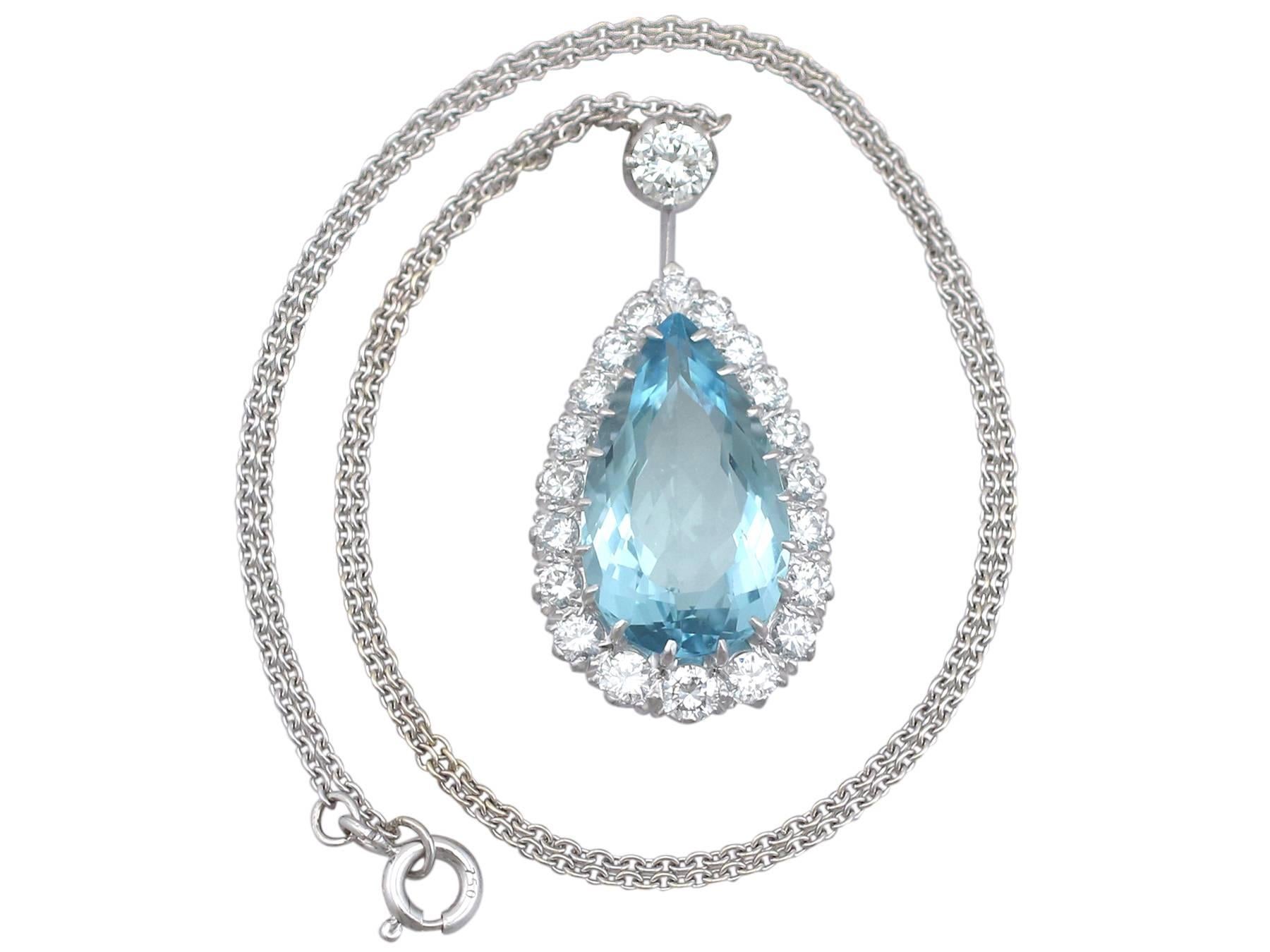This stunning, fine and impressive aquamarine and diamond pendant has been crafted in 18k white gold.

The pierced decorated, multi-claw frame is ornamented with a feature 9.15 ct pear cut aquamarine, claw set in subtle relief to the center.

The