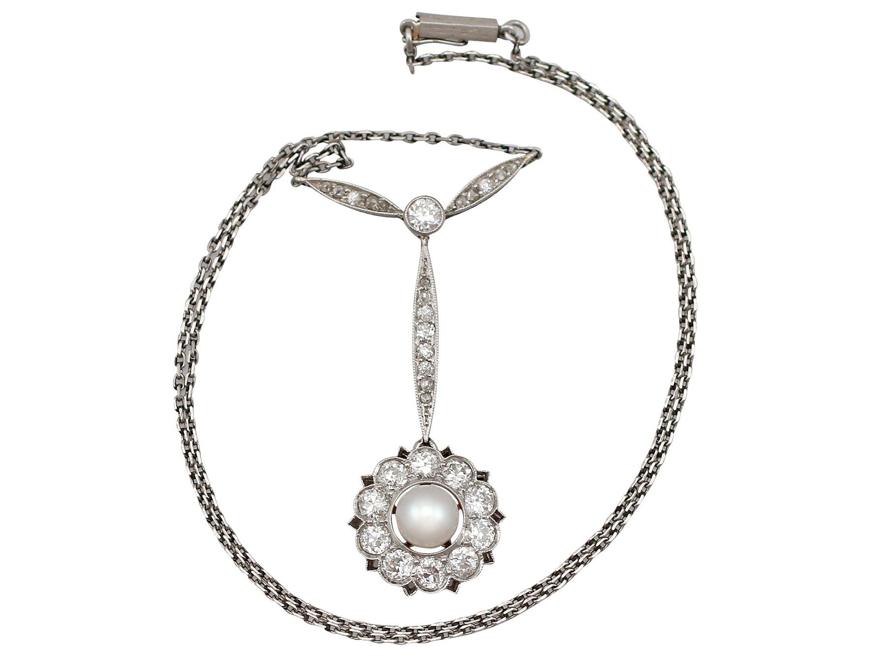 A stunning vintage 1940's Art Deco single pearl and 1.55 carat diamond, platinum necklace; part of our diverse pearl jewellery and estate jewelry collections.

This stunning, fine and impressive single pearl and diamond necklace has been crafted in