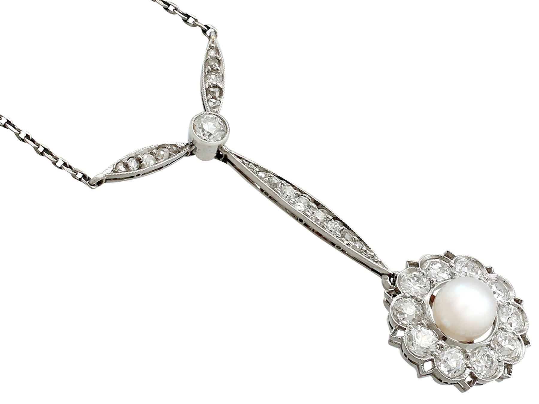 Old European Cut 1940s Art Deco Pearl and 1.55 carat Diamond and Platinum Necklace