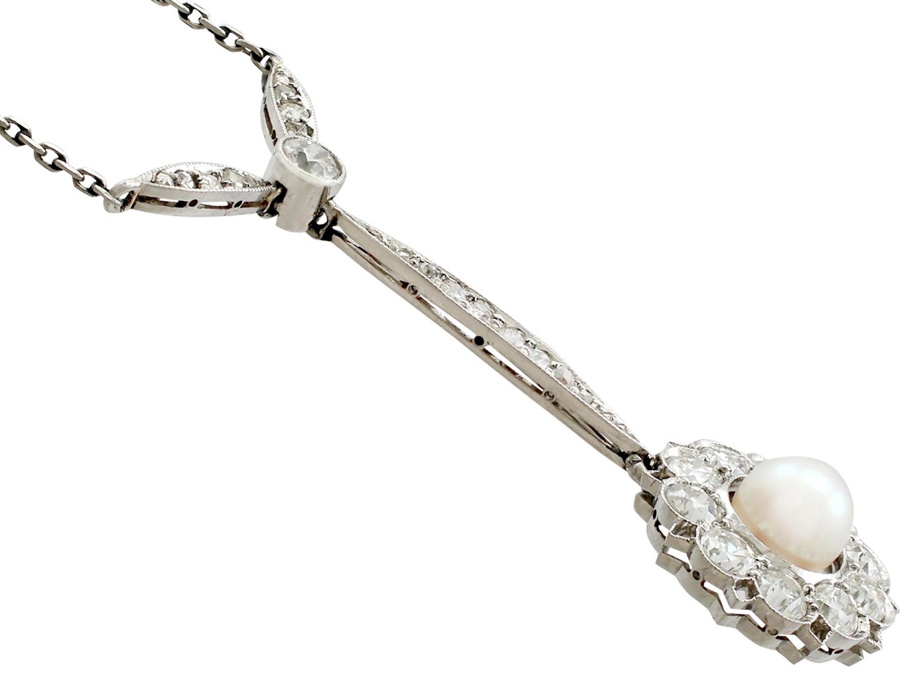 1940s Art Deco Pearl and 1.55 carat Diamond and Platinum Necklace (Alteuropäischer Schliff)