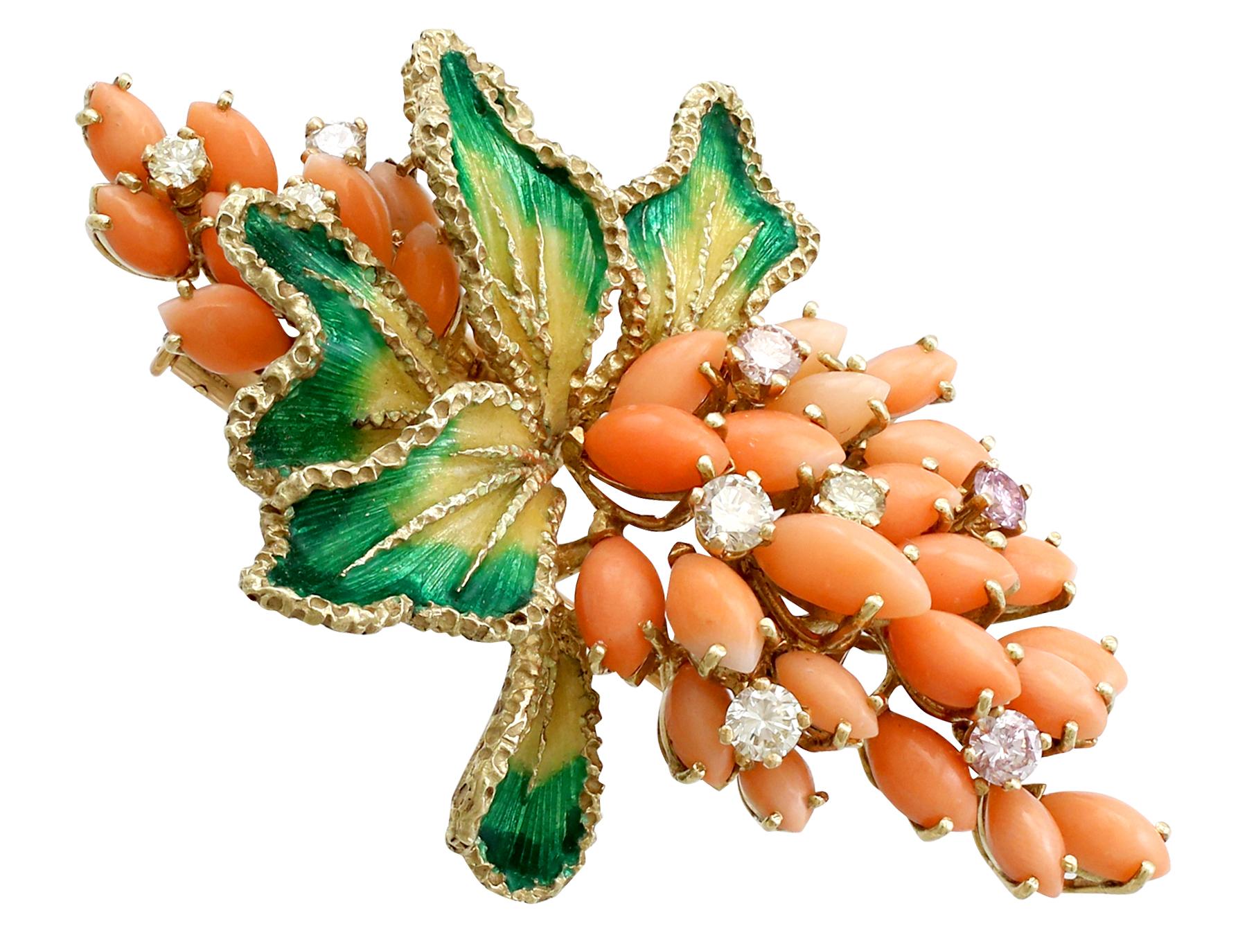 A stunning vintage 1960's coral and 1.46 carat diamond, enamel and 14 carat yellow gold brooch; part of our diverse gemstone jewellery and estate jewelry collections.

This stunning, fine and impressive vintage coral brooch has been crafted in 14ct