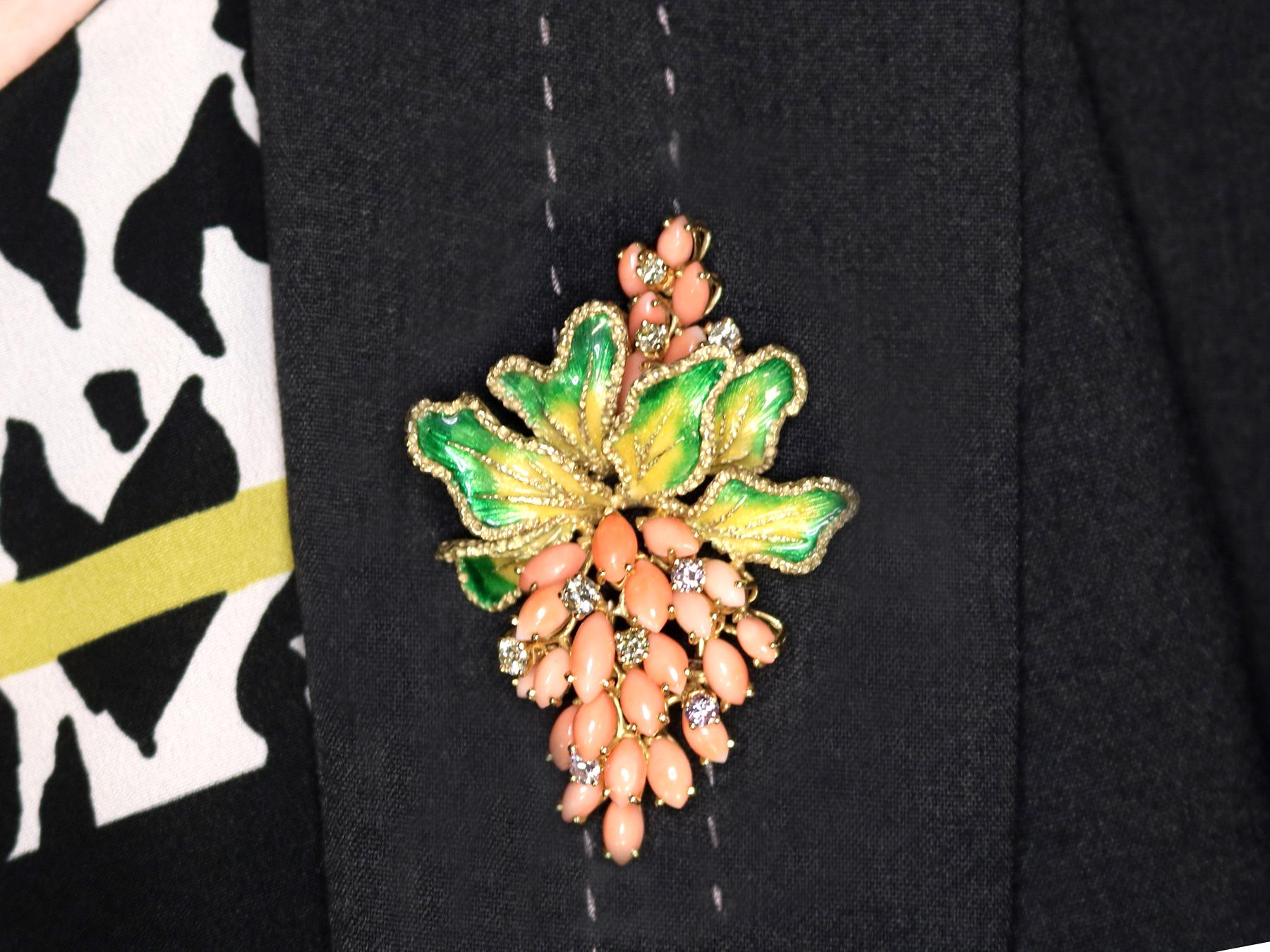 1960s Coral and 1.46 Carat Diamond Enamel and Yellow Gold Floral Brooch 4