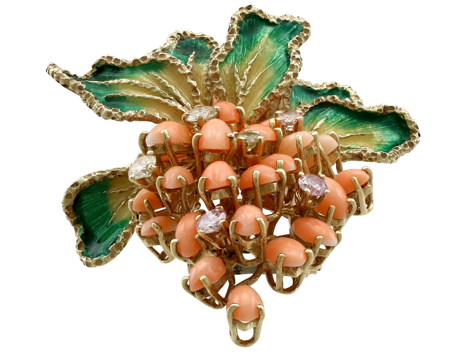 1960s Coral and 1.46 Carat Diamond Enamel and Yellow Gold Floral Brooch 1