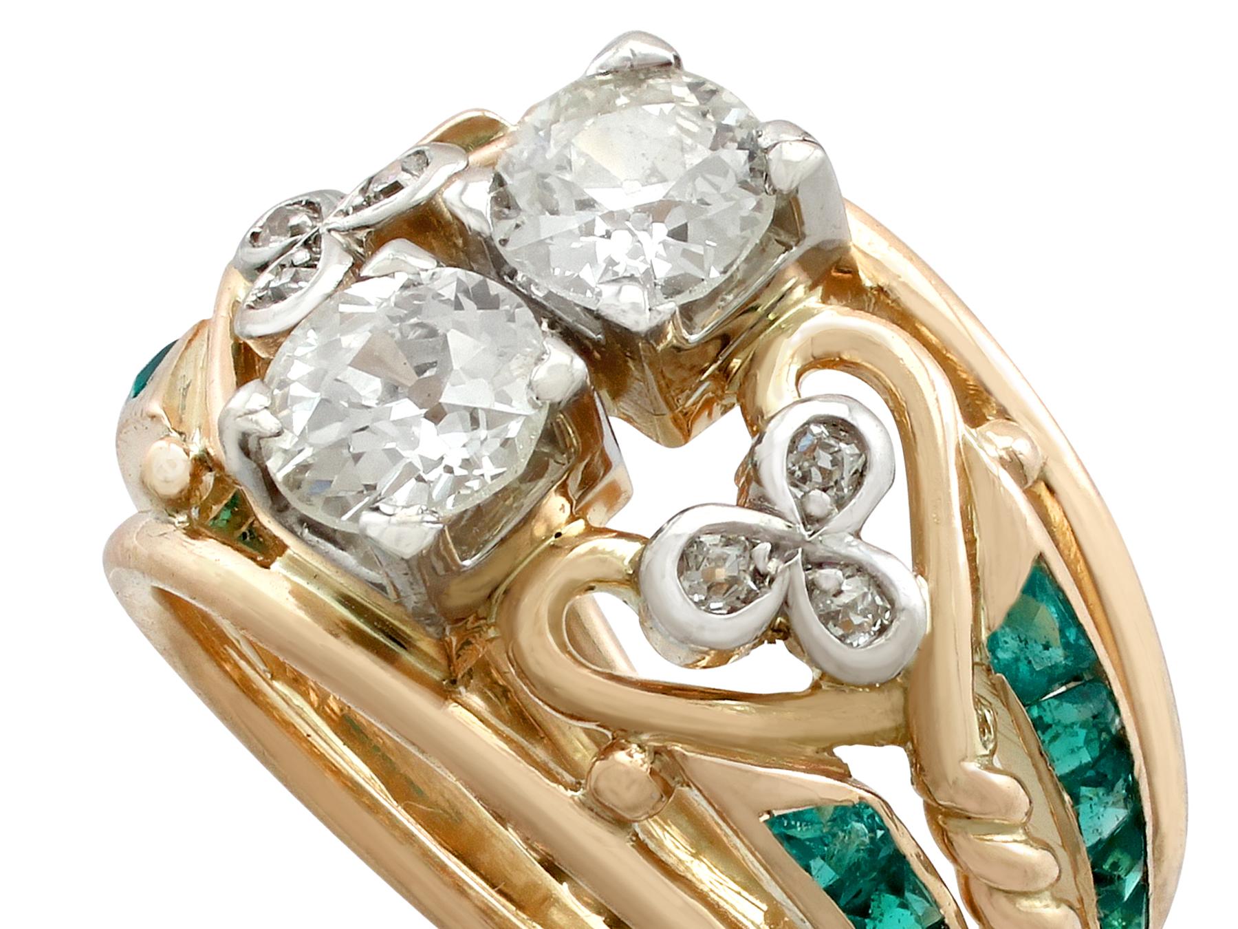 Old European Cut 1940s Emerald and 1.26 carat Diamond Yellow Gold Cocktail Ring Size J1/2 US 5