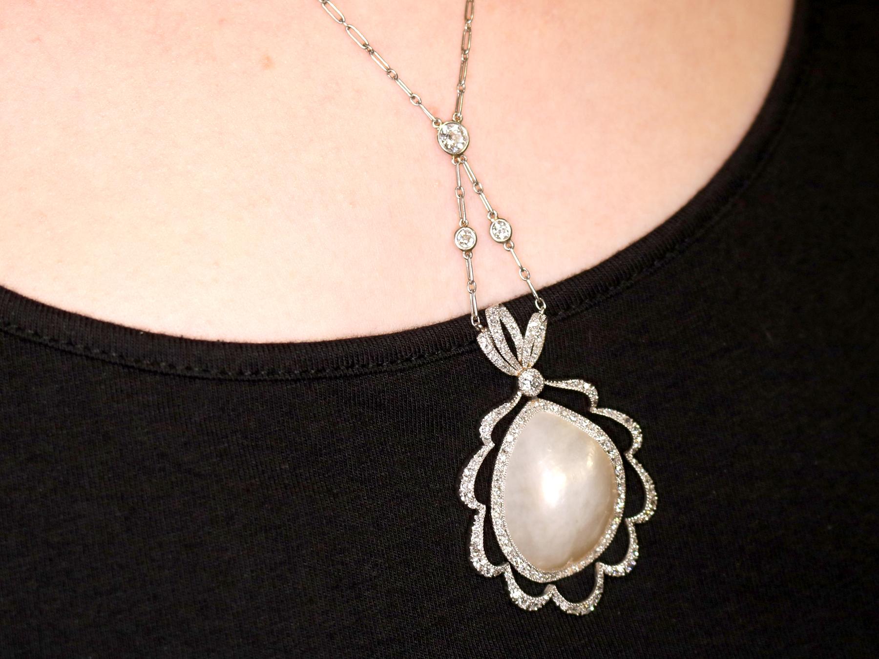 Antique 1910s Blister Pearl and 2.65 carat Diamond Platinum Necklace 4
