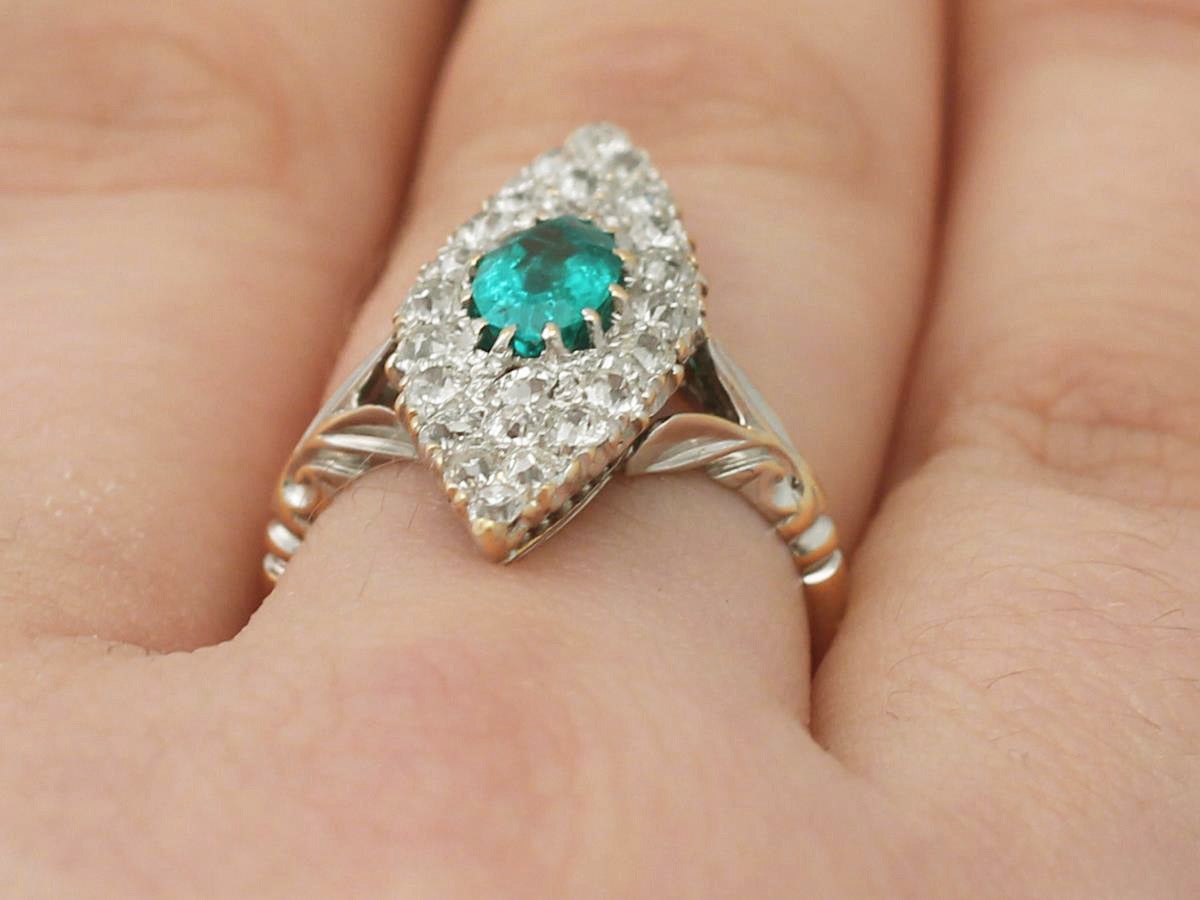 0.63 Carat Emerald and 0.92 Carat Diamond, 18k Yellow Gold Dress Ring 5