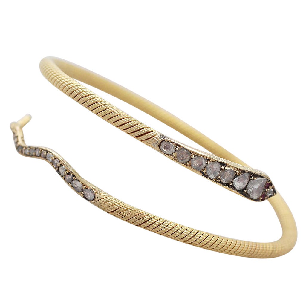 2.05Ct Diamond and 0.03Ct Ruby, 22k Yellow Gold 'Snake' Bangle