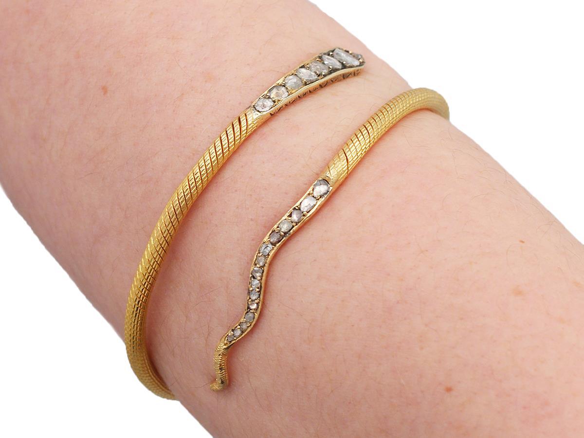 2.05Ct Diamond and Ruby, 22k Yellow Gold 'Snake' Bangle Antique