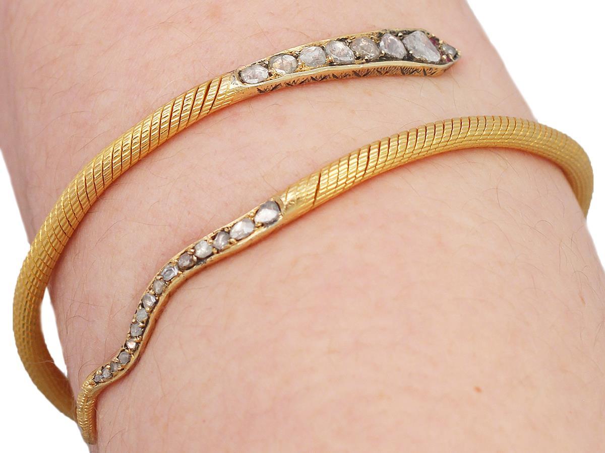 2.05Ct Diamond and Ruby, 22k Yellow Gold 'Snake' Bangle Antique