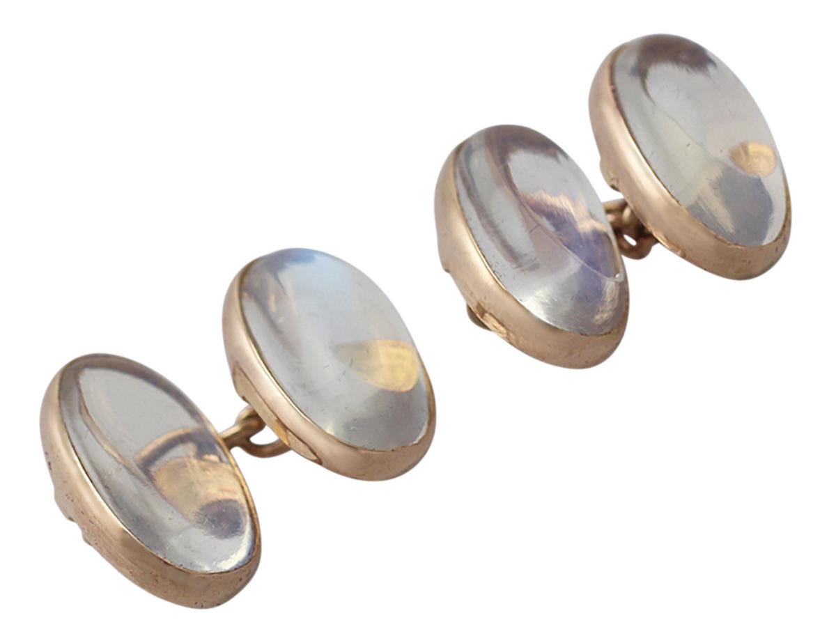 A fine and impressive antique Victorian 3.68 carat moonstone and 15 karat yellow gold, cufflink and collar stud, gents dress set - boxed; part of our diverse antique jewelry and estate jewelry collections

This impressive gents dress set of