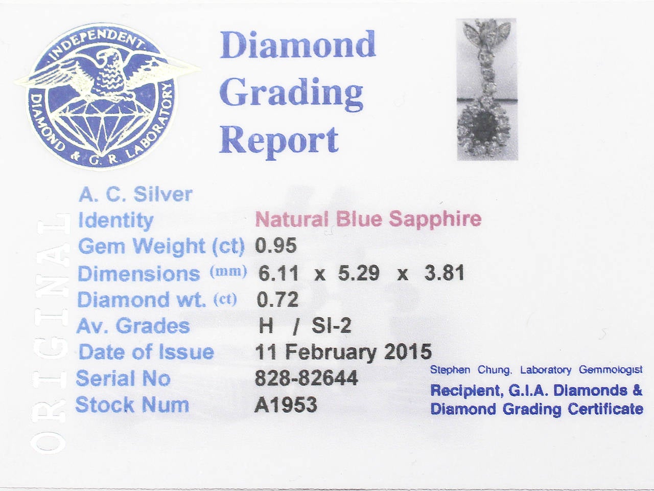 0.95 Ct Sapphire and 0.72 Ct Diamond, 14 k White Gold Pendant - Vintage  3