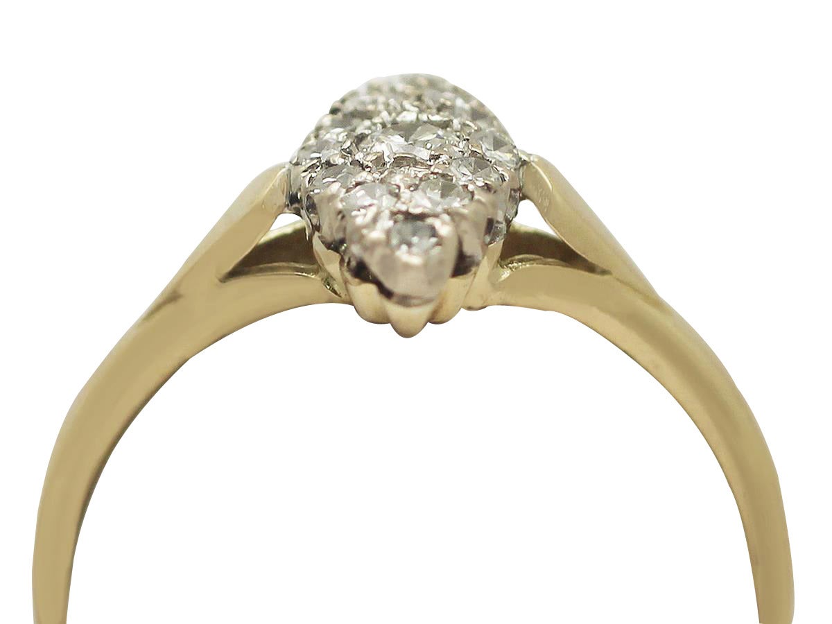 A fine vintage 0.28 carat diamond, 18 karat yellow gold, 18k white gold set marquise dress ring; part of our vintage jewellery and estate jewelry collections.

This fine diamond marquise ring has been crafted in 18k yellow gold with an 18k white