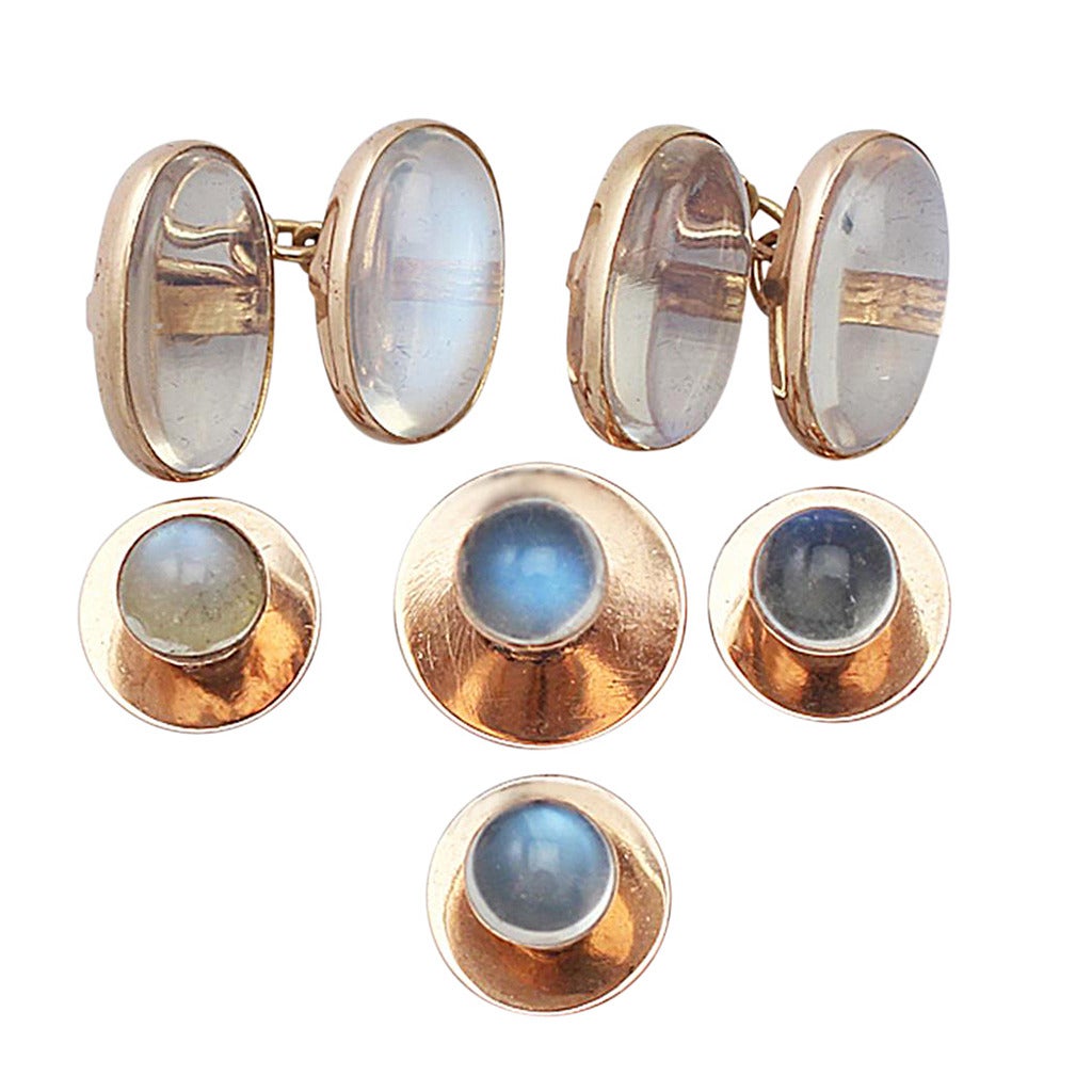 3.68Ct Moonstone and 15k Yellow Gold Gents Dress Set - Antique Victorian