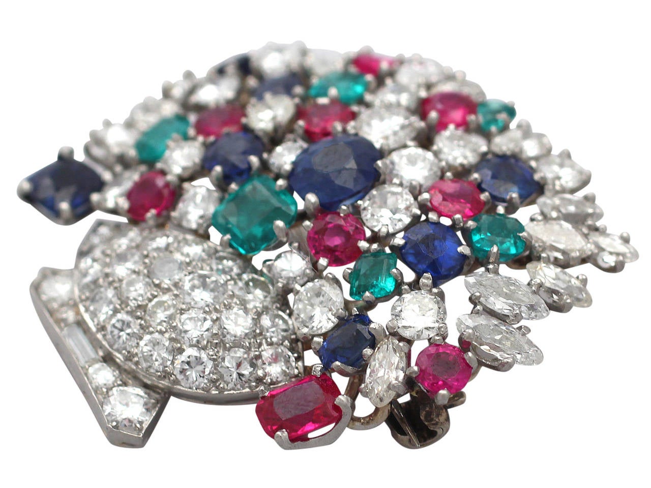 A stunning, fine and impressive 4.61 carat diamond and a total of 4.68 carat natural ruby, sapphire and emerald, giardinetti/tutti frutti style, platinum brooch; part of our vintage jewelry and estate jewelry collections

This impressive vintage