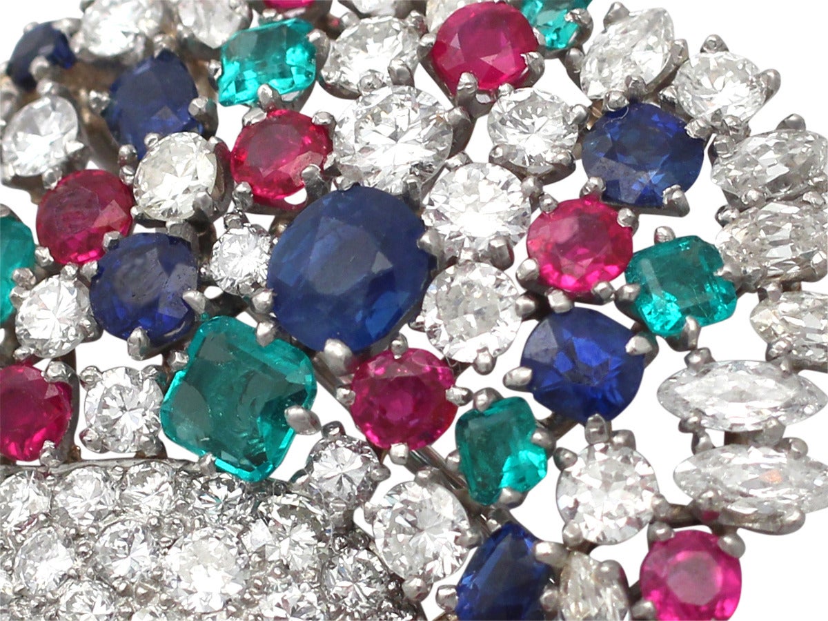 Women's 4.61Ct Diamond & 4.68Ct Ruby, Sapphire & Emerald Platinum Brooch - Vintage