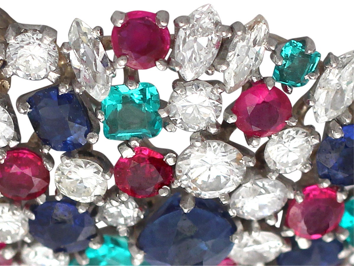 4.61Ct Diamond & 4.68Ct Ruby, Sapphire & Emerald Platinum Brooch - Vintage 1