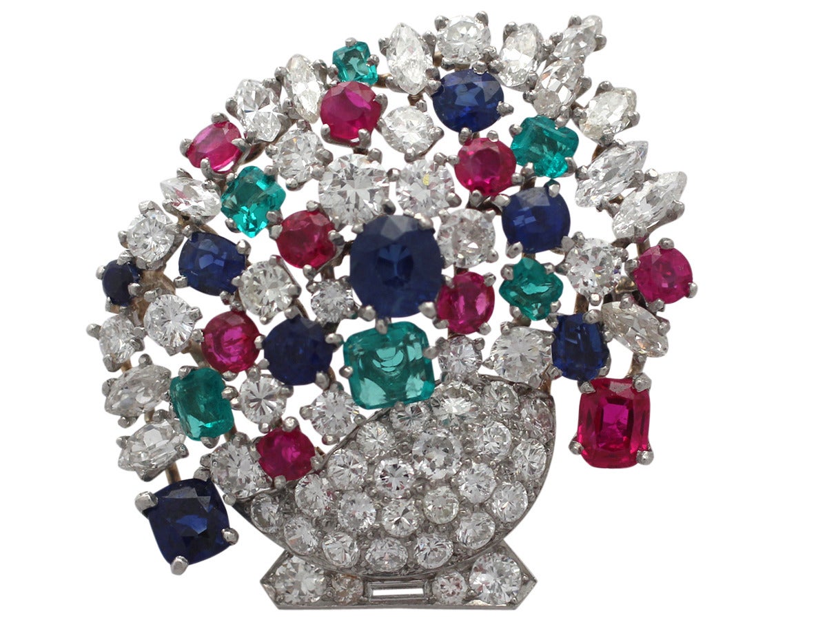 4.61Ct Diamond & 4.68Ct Ruby, Sapphire & Emerald Platinum Brooch - Vintage 2