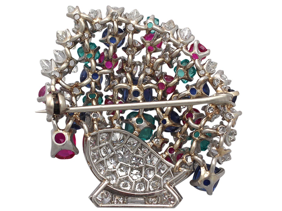 4.61Ct Diamond & 4.68Ct Ruby, Sapphire & Emerald Platinum Brooch - Vintage 3