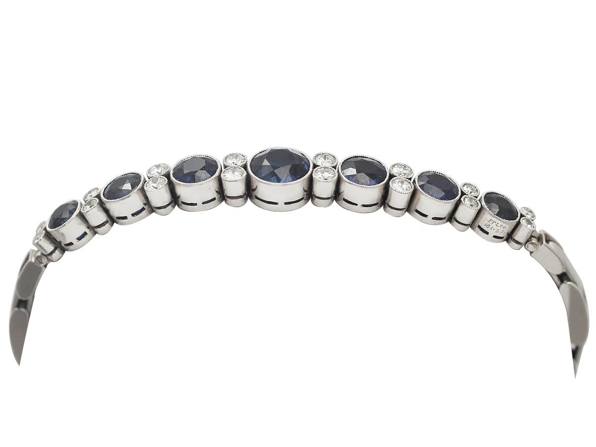 A fine and impressive antique 3.44 carat natural blue sapphire and 0.52 carat diamond, 18 karat white gold bracelet; part of our antique jewelry/jewelry collection.

This stunning sapphire and diamond bracelet has been crafted in 18 k white
