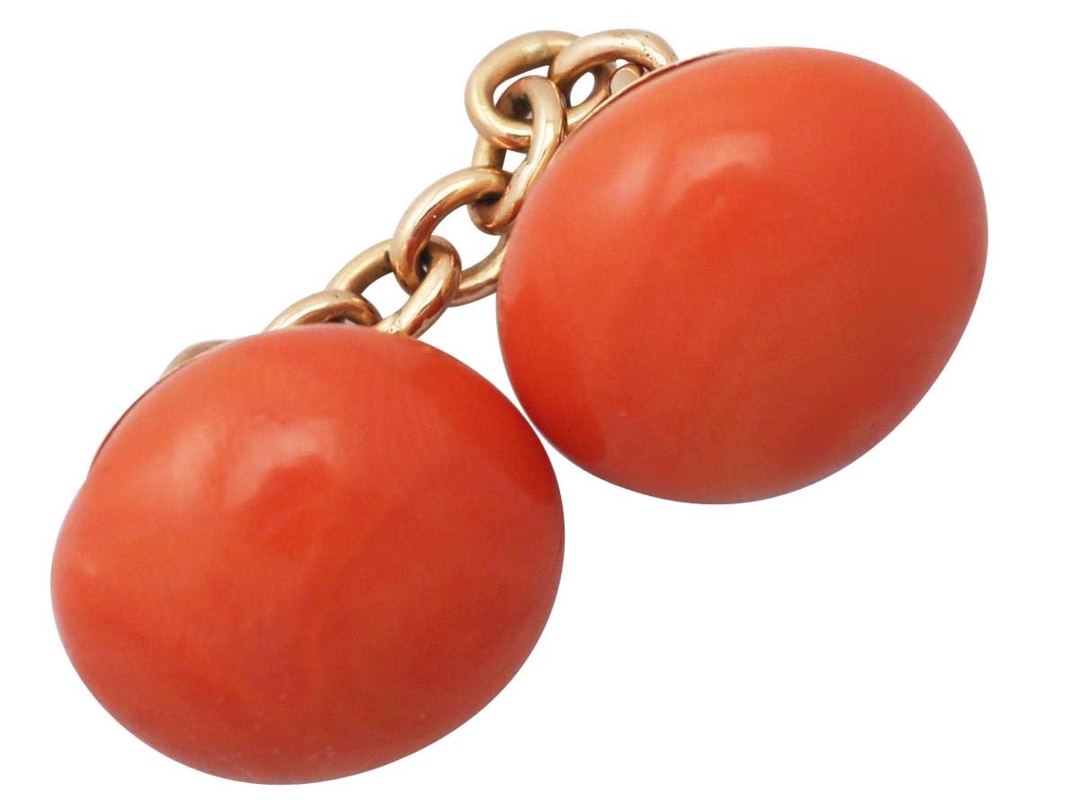 Coral and 18k Yellow Gold Cufflinks - Antique Victorian In Excellent Condition In Jesmond, Newcastle Upon Tyne