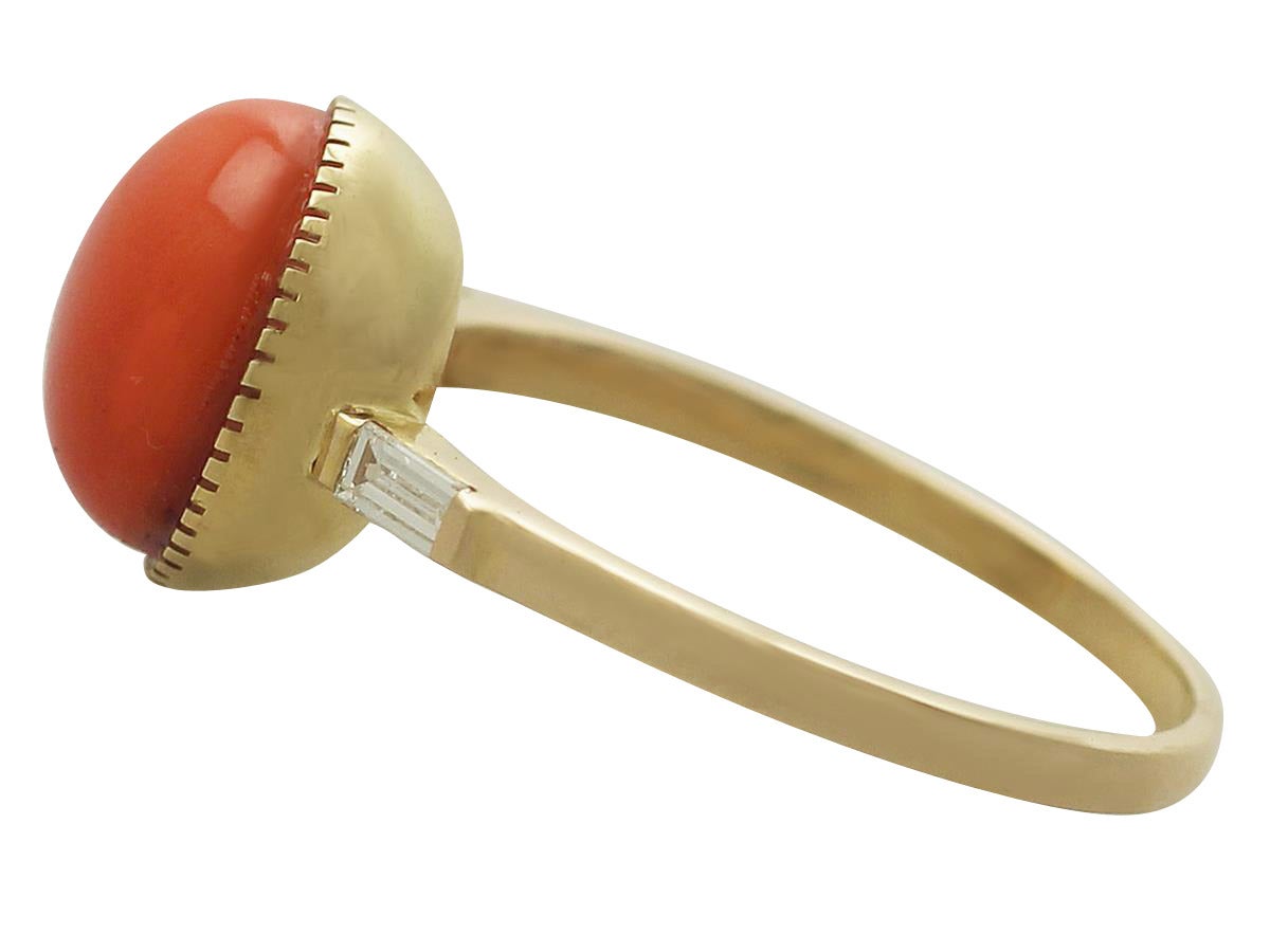 Baguette Cut Red Coral and 0.12Ct Diamond, 18k Yellow Gold Ring - Vintage Circa 1950
