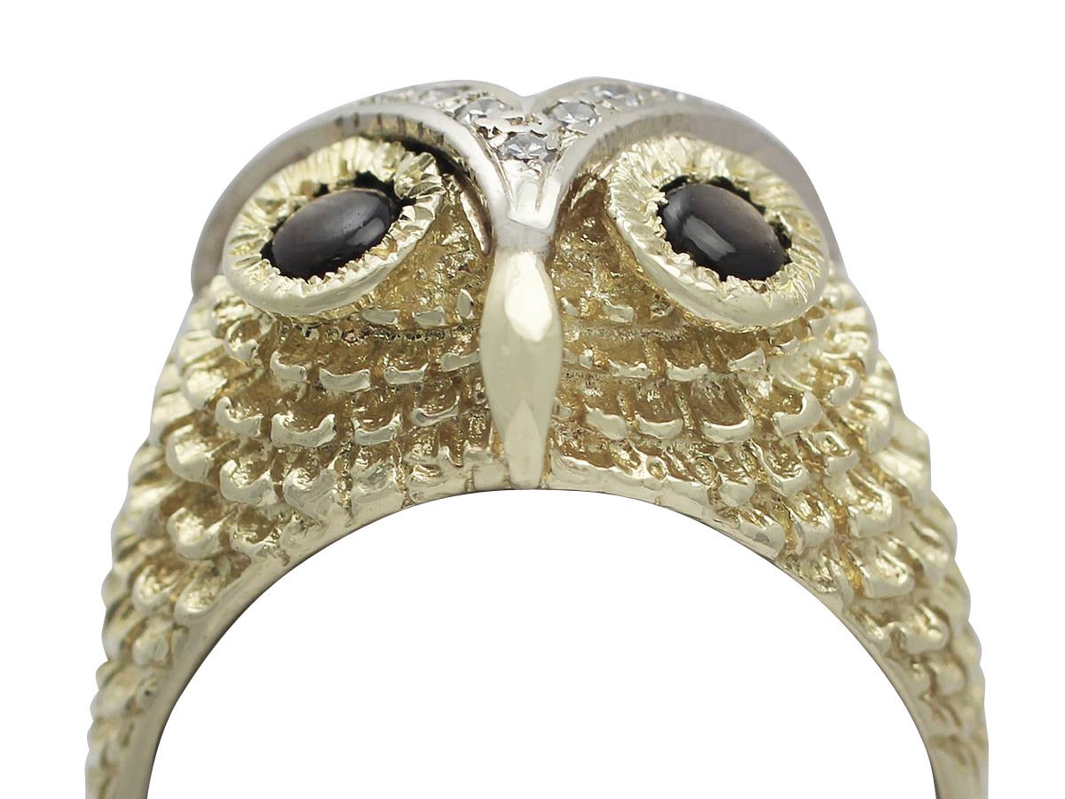 0.42Ct Black Star Sapphire & 0.30Ct Diamond, 18k Yellow Gold 'Owl' Ring