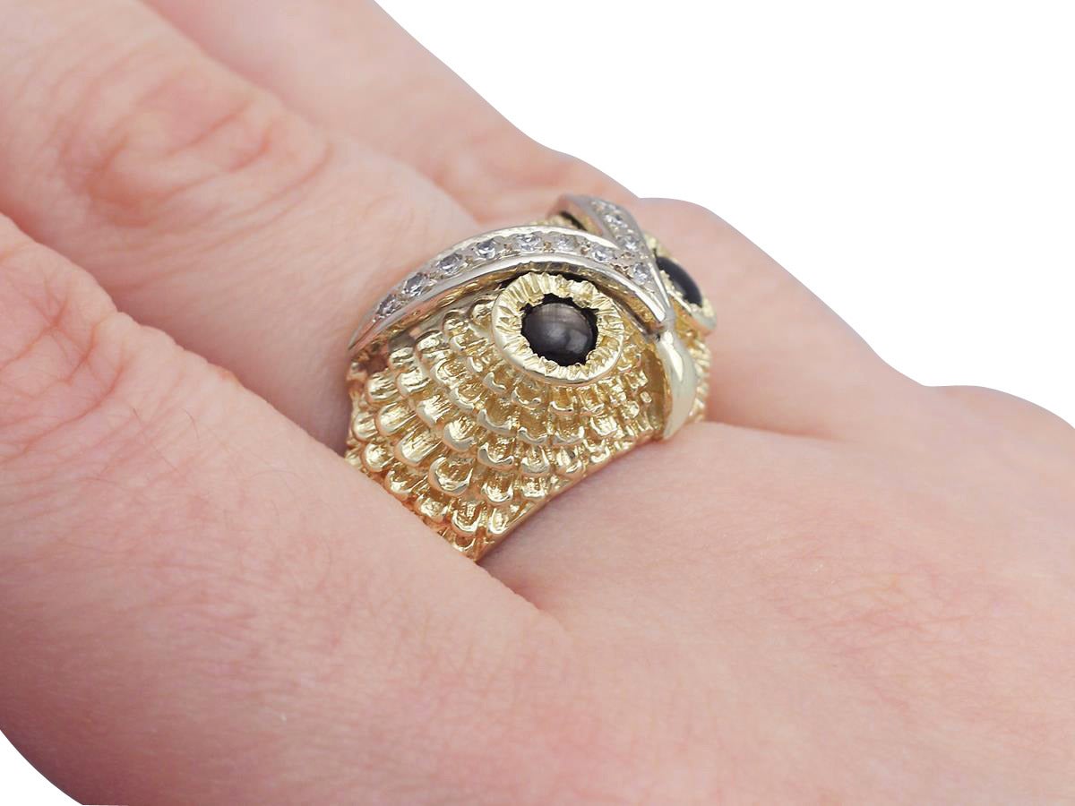 0.42Ct Black Star Sapphire & 0.30Ct Diamond, 18k Yellow Gold 'Owl' Ring 3