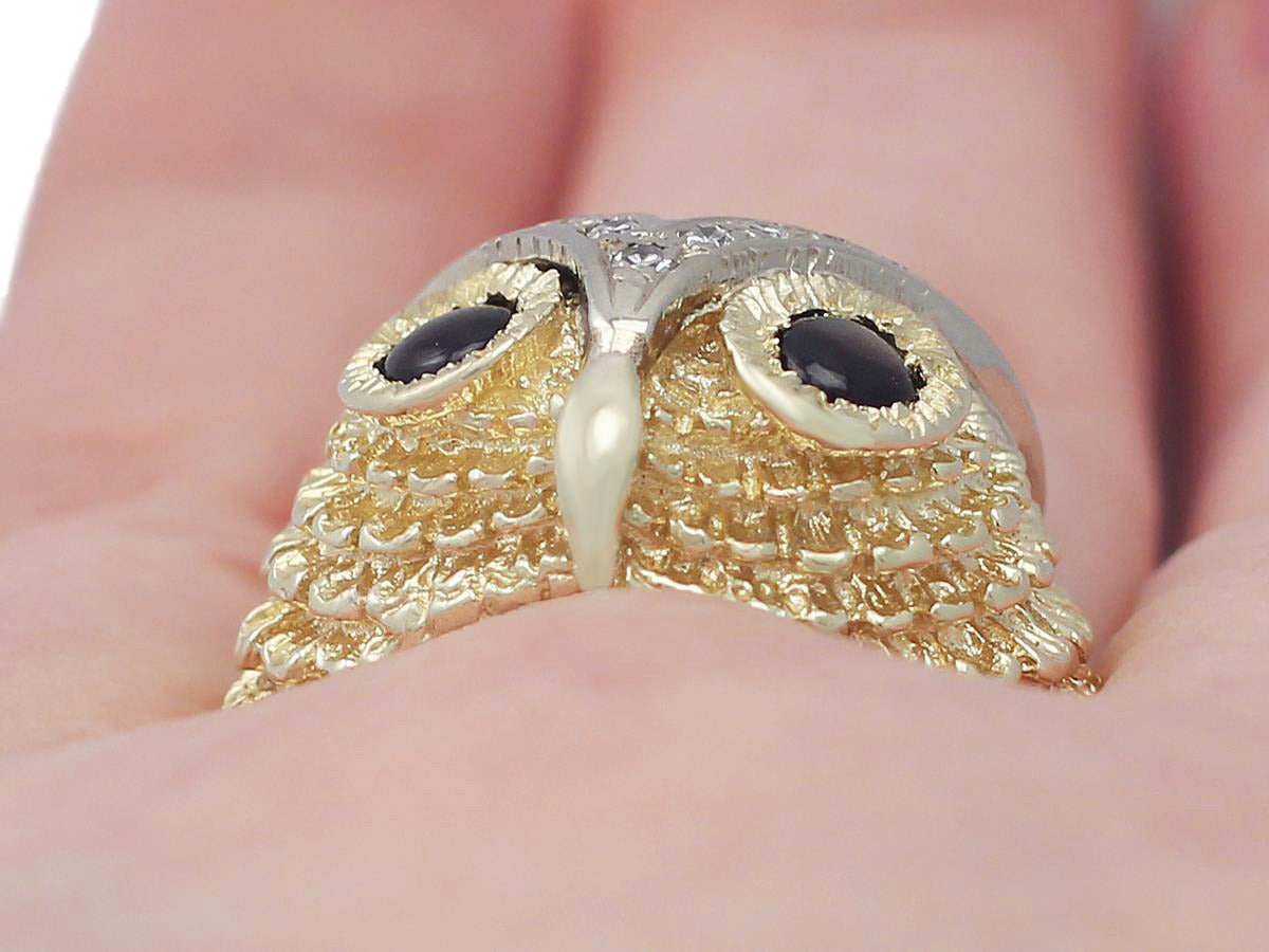 0.42Ct Black Star Sapphire & 0.30Ct Diamond, 18k Yellow Gold 'Owl' Ring 4