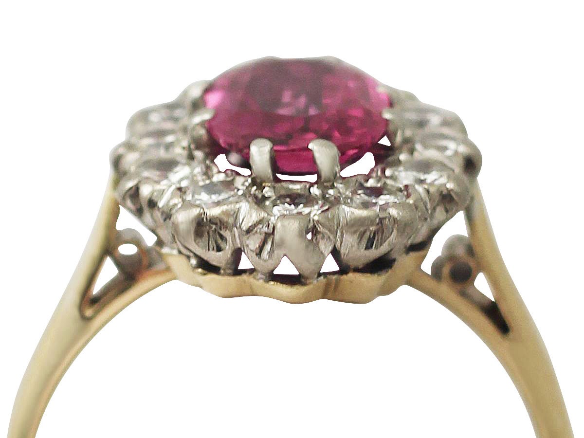 1.26Ct Ruby and 0.60Ct Diamond, 18k Yellow Gold Cluster Ring - Vintage