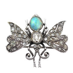 2.53Ct Diamond & 0.84Ct Opal, 18k White Gold Insect Brooch - Antique French 1